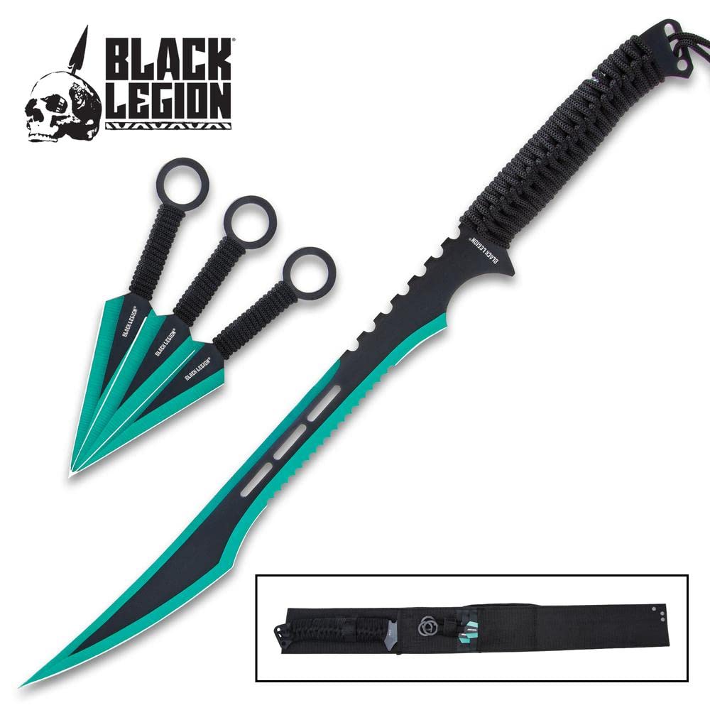 Black Legion Emerald Ninja Set - 3 Kunai Knives & Samurai Sword, Full-Tang Black Stainless Steel with Green Accents - Perfect for Cosplay, Martial Arts Training & Collector's Display