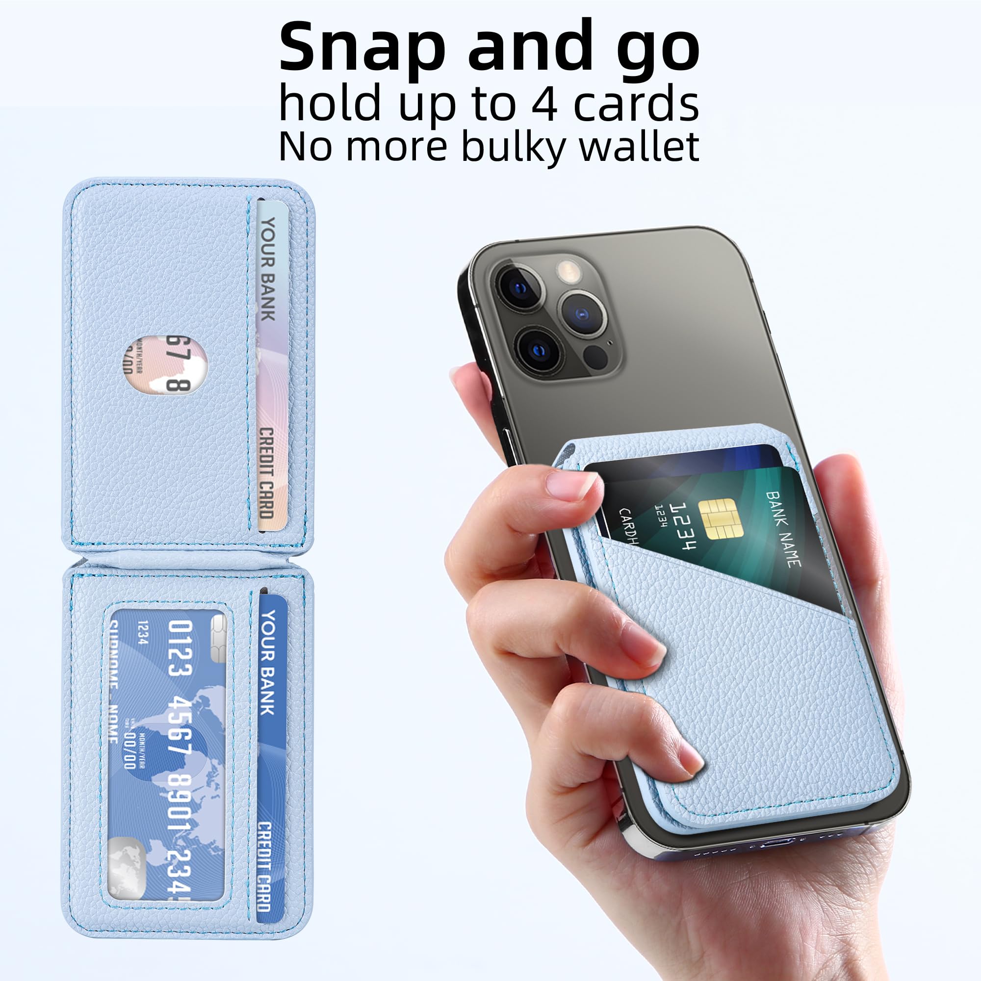 Arae Magnetic Phone Wallet for iPhone 16/15/14/13/12 Series - MagSafe Compatible, RFID Blocking, PU Leather with 4 Card Holder & Adjustable Stand (Blue) - Perfect for Daily Commute, Shopping & Travel
