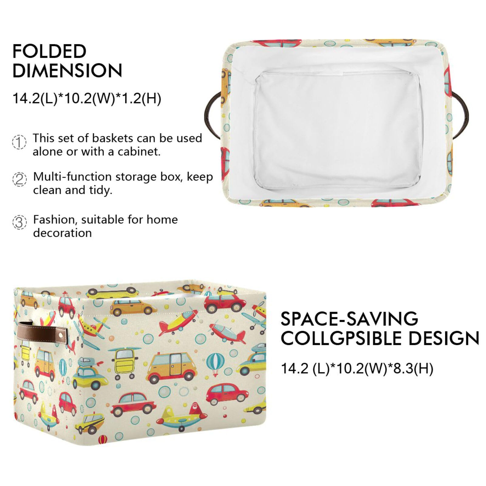 Foldable Cartoon Car Storage Bins with Handles (2-Pack) - Large Square Multi-Functional Organizer for Toys, Books & Clothes | Perfect for Kids' Room, Nursery & Closet Organization