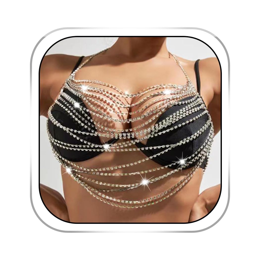 Boho Body Chain for Women - Sexy Rhinestone Waist Jewelry, Crystal Bikini Bar Chain, Rave & Nightclub Party Accessories (Gold) | Perfect for Music Festivals, Beach Vacations and Bachelorette Parties