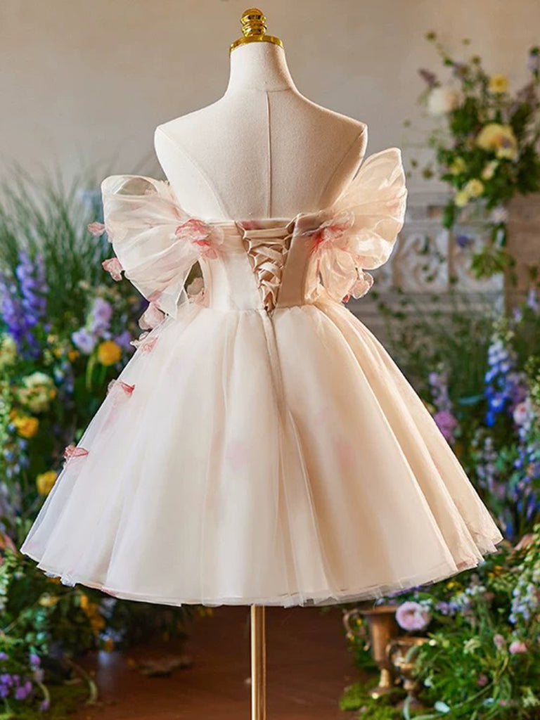 Elegant A-Line Off Shoulder Tulle Short Champagne Prom Dress | Cute Homecoming Party Gown for Teens | Perfect for Dances, Formals & Special Occasions