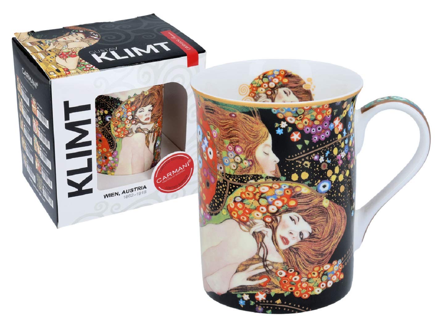 Carmani 14 oz Fine Porcelain Coffee Mug with Gustav Klimt Water Snakes II Art - Elegant Tea Cup for Home & Office Use - Perfect Gift for Art Lovers & Collectors