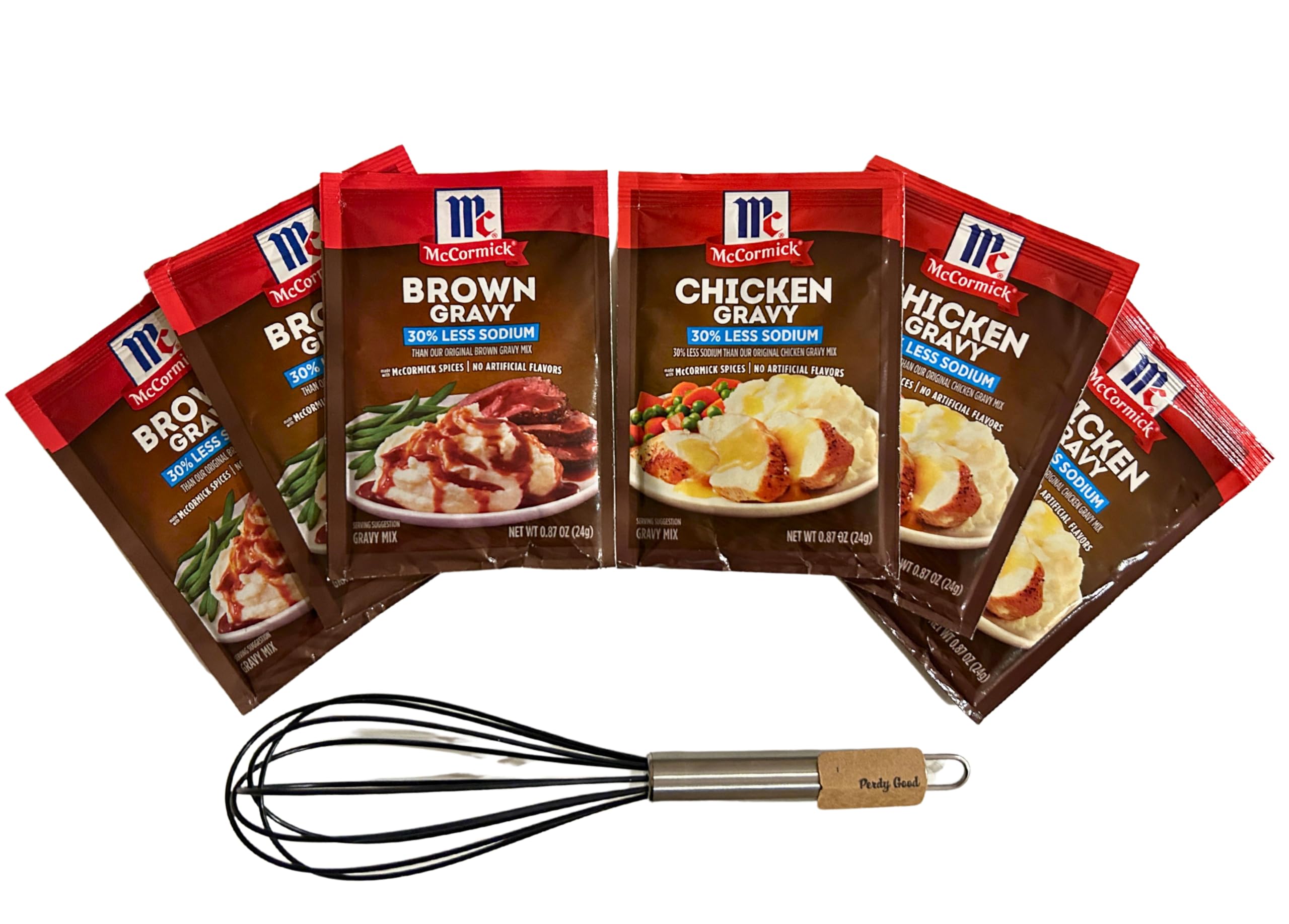 McCormick Low Sodium Chicken & Brown Gravy Mix Bundle - 3 Packets Each (.87oz) | Healthy Seasoning for Roasts, Mashed Potatoes & Casseroles | Includes Non-Scratch Whisk