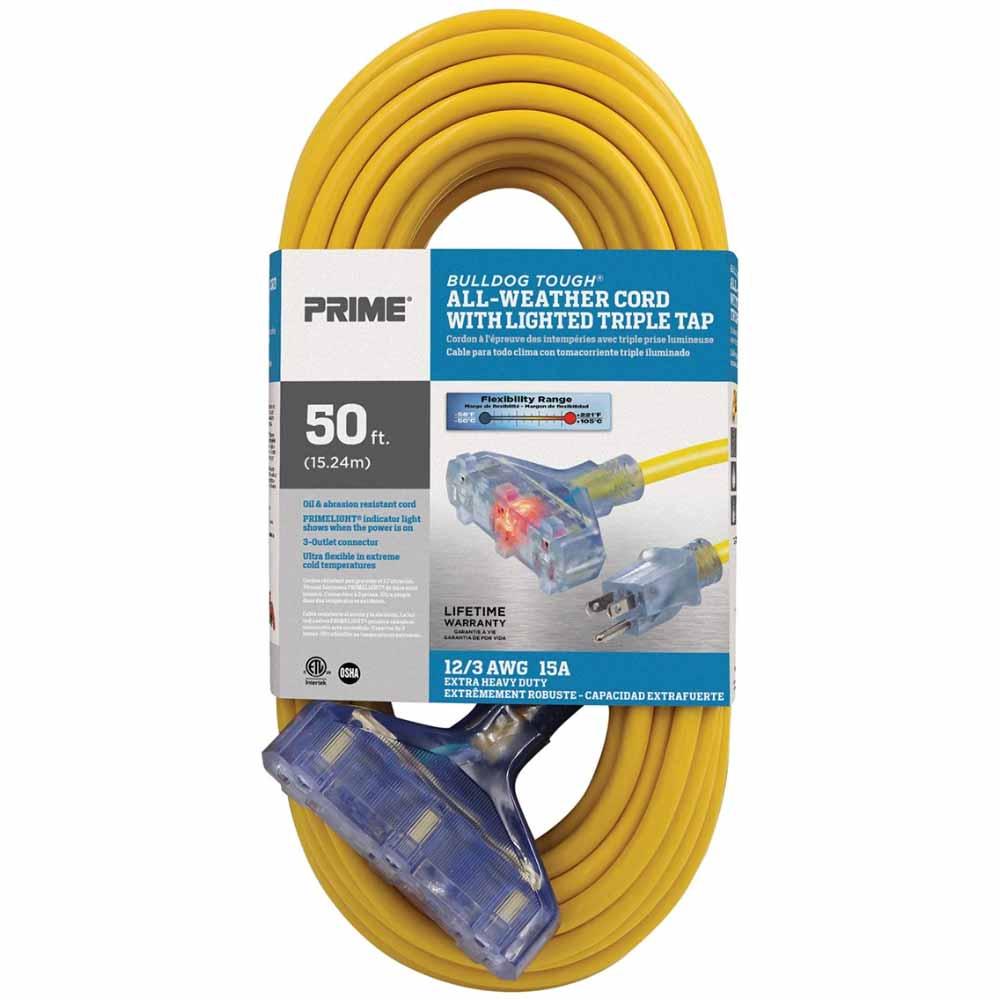 50 ft. Heavy Duty Outdoor Extension Cord - 3 Outlet, Oil Resistant, 12/3 SJTOW Yellow - Perfect for Construction Sites, Workshops & Outdoor Power Tools
