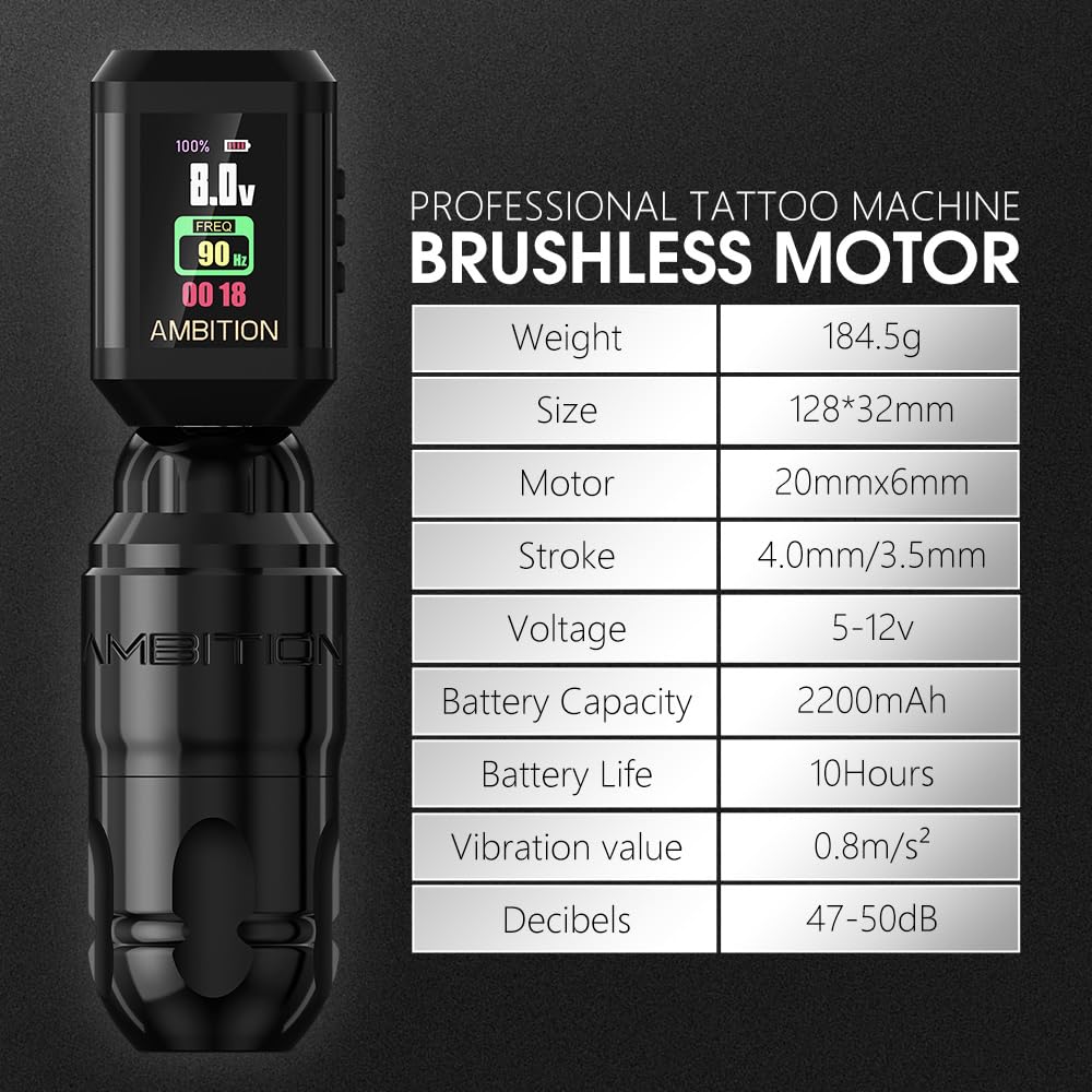 Ambition Lutin Rotary Tattoo Machine with Korall Power Supply - Wireless Tattoo Pen with Brushless Motor, RCA Cord & 2200mAh Battery | Professional Tattoo Equipment for Artists | Perfect for Lining, Shading & Detailed Tattoo Work