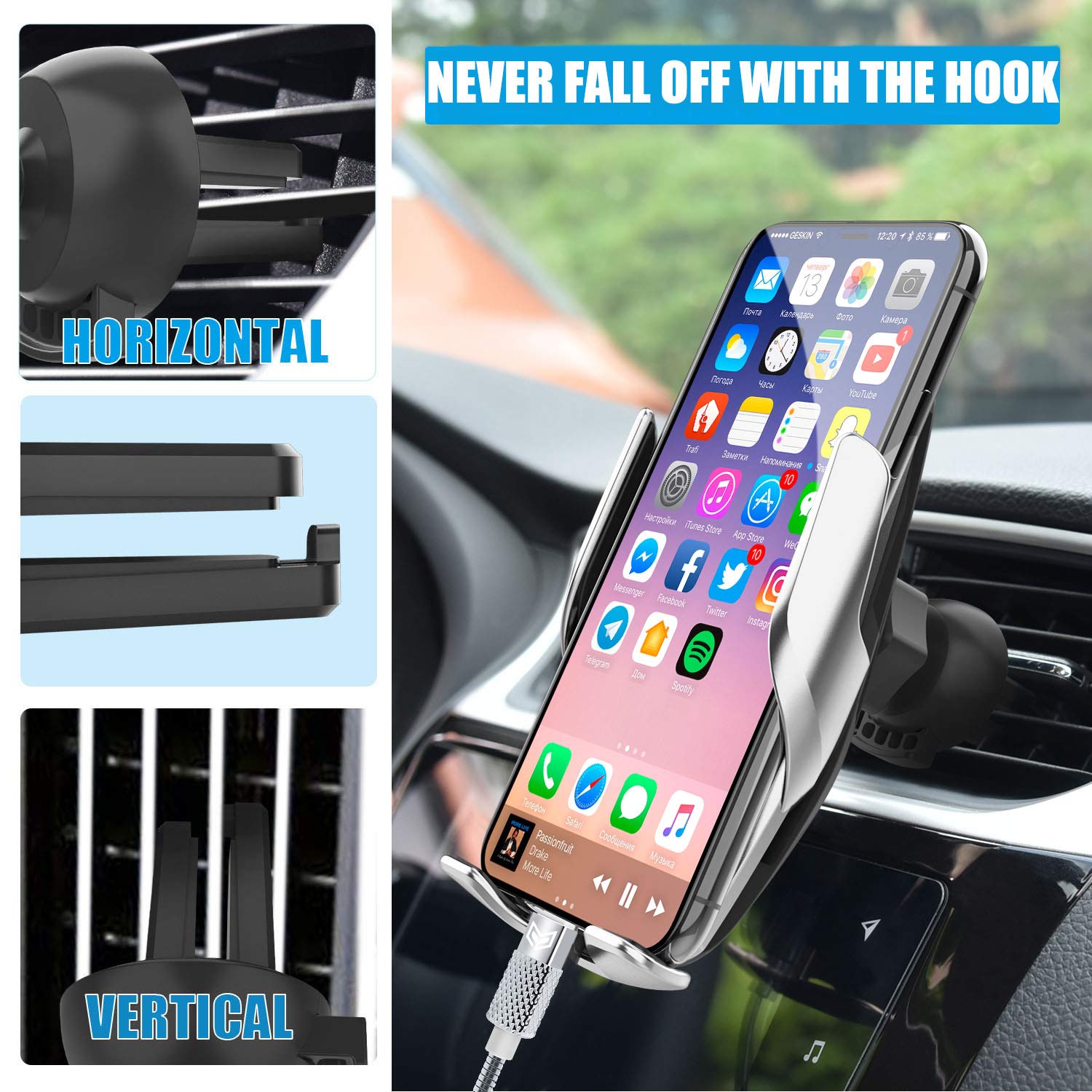 2-in-1 Auto-Clamping Wireless Car Charger Mount - 15W/10W/7.5W Qi Fast Charging Air Vent & Dashboard Phone Holder for iPhone 8/8P/X & Samsung Galaxy S9+/S8+/S7 - Perfect for Commuting, Road Trips & Hands-Free Driving