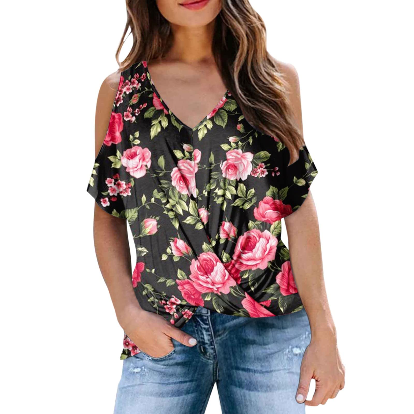 Women's Summer Cold Shoulder Tops - Short Sleeve V Neck T-Shirts with Front Twist Knot & Draped Design | Casual Blouses for Beach, Party & Everyday Wear