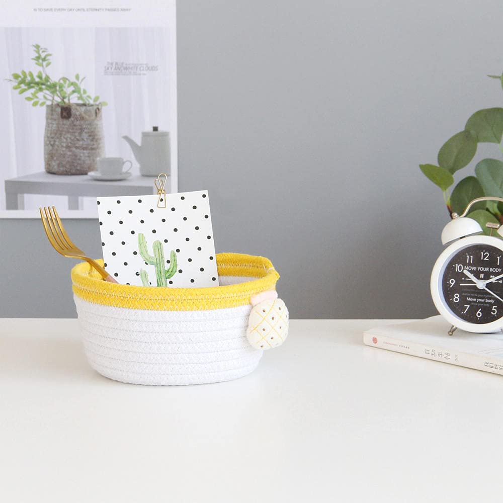Handwoven Cotton Rope Storage Basket - Natural Yellow Desktop Organizer for Home, Office & Kitchen | Perfect for Fruit Display, Sundries Storage & Decorative Home Decor