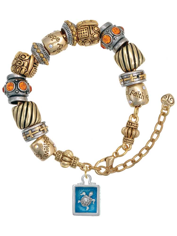 Delight Jewelry Silver Tone Sea Turtle Charm Shadow Box Two-Tone Christian Bead Bracelet (7