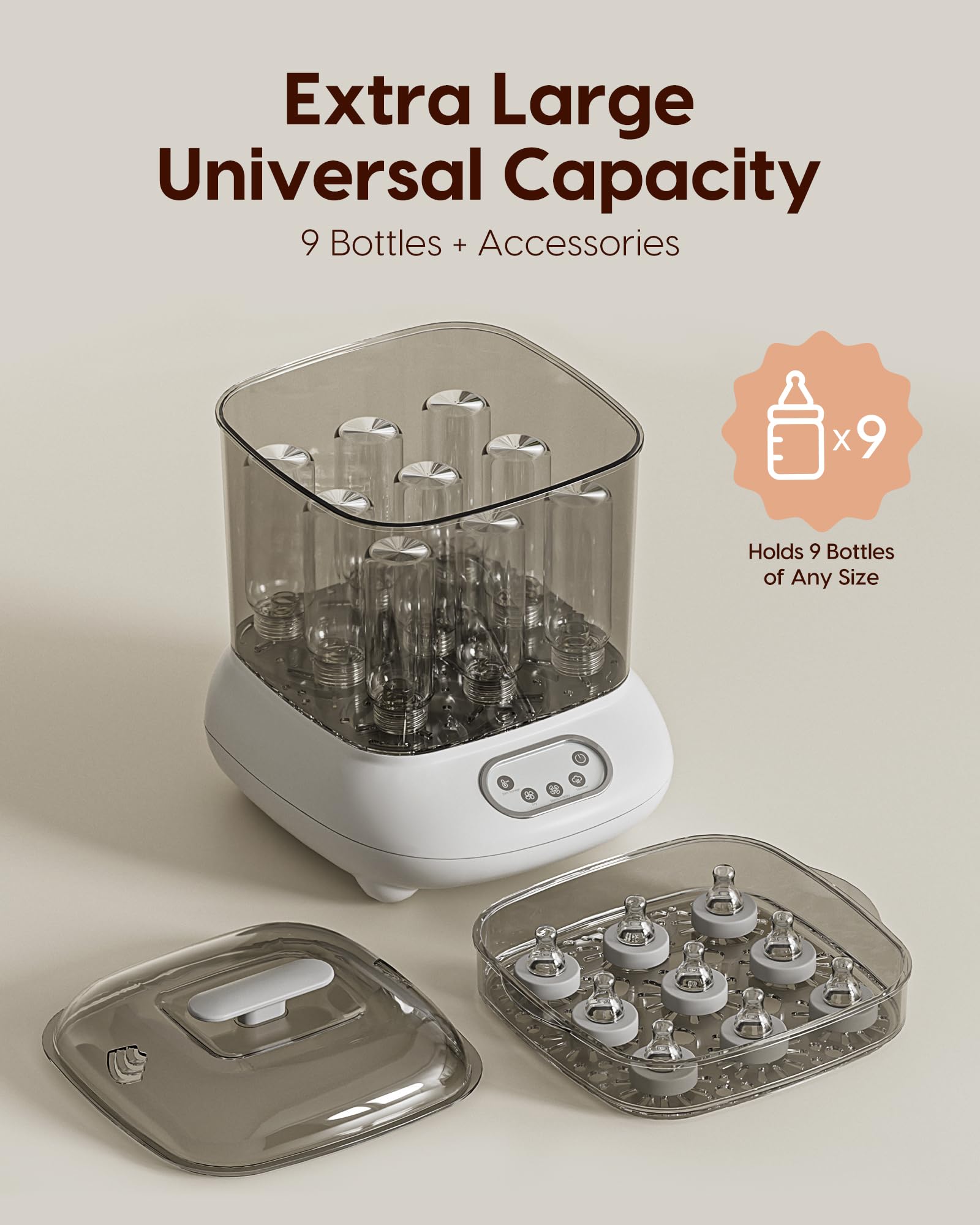 Femometer Electric Baby Bottle Sterilizer and Dryer - 12 Minute Fast Steam Sterilization, Large 9-Bottle Capacity for Newborn Essentials - Perfect for Home, Nursery and Travel Use