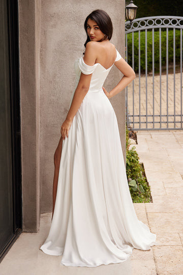 Jillian Gown - Off White A-Line Soft Satin Off-the-Shoulder Dress for Wedding Guest, Cocktail Party & Special Occasions