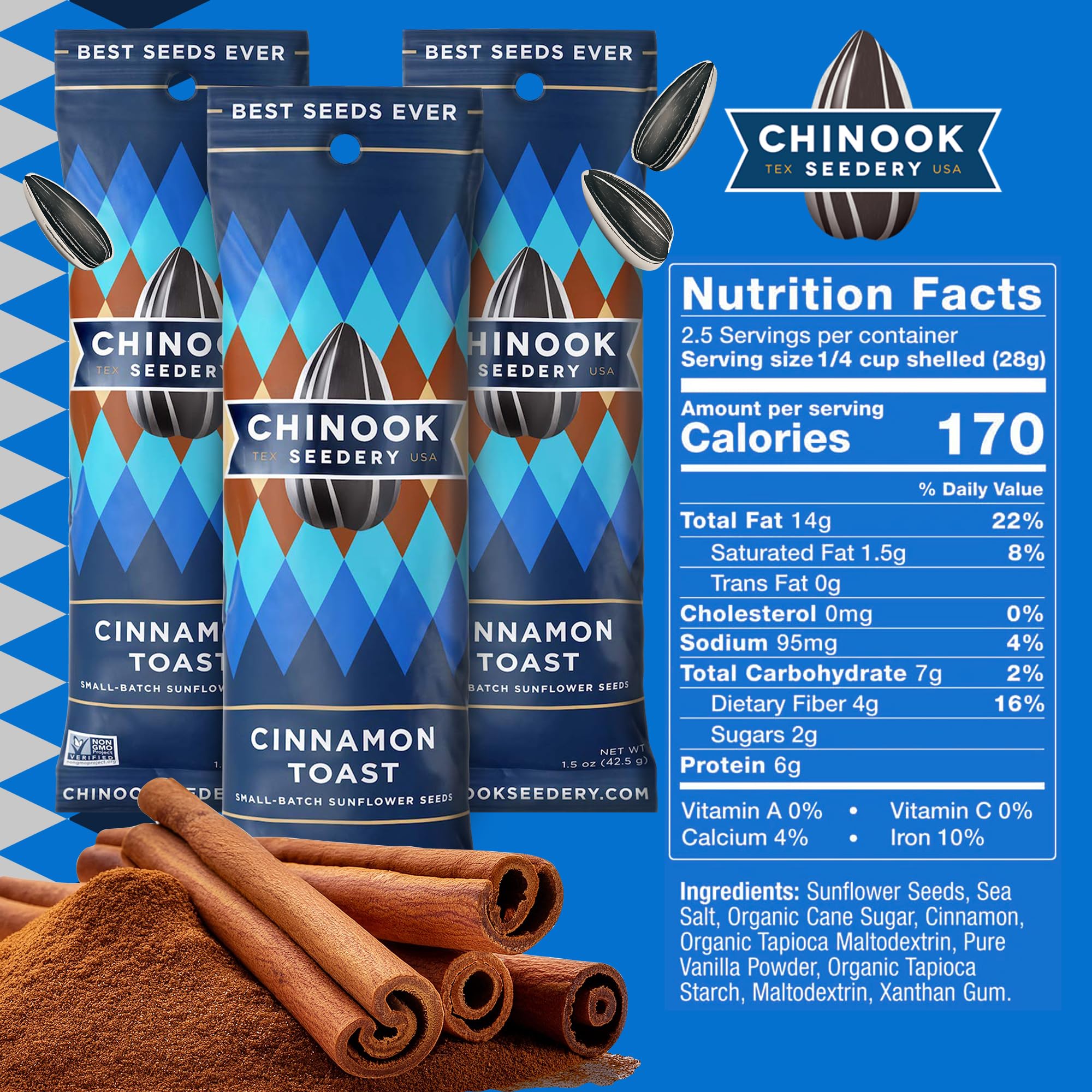 Roasted Sunflower Seeds - Jumbo Low Sodium Keto Snacks, Gluten Free & Non GMO - 1.5 oz (Pack of 36) - Cinnamon Toast Flavor - Perfect for Hiking, Baseball Games, School Lunch & Healthy On-the-Go Snacking