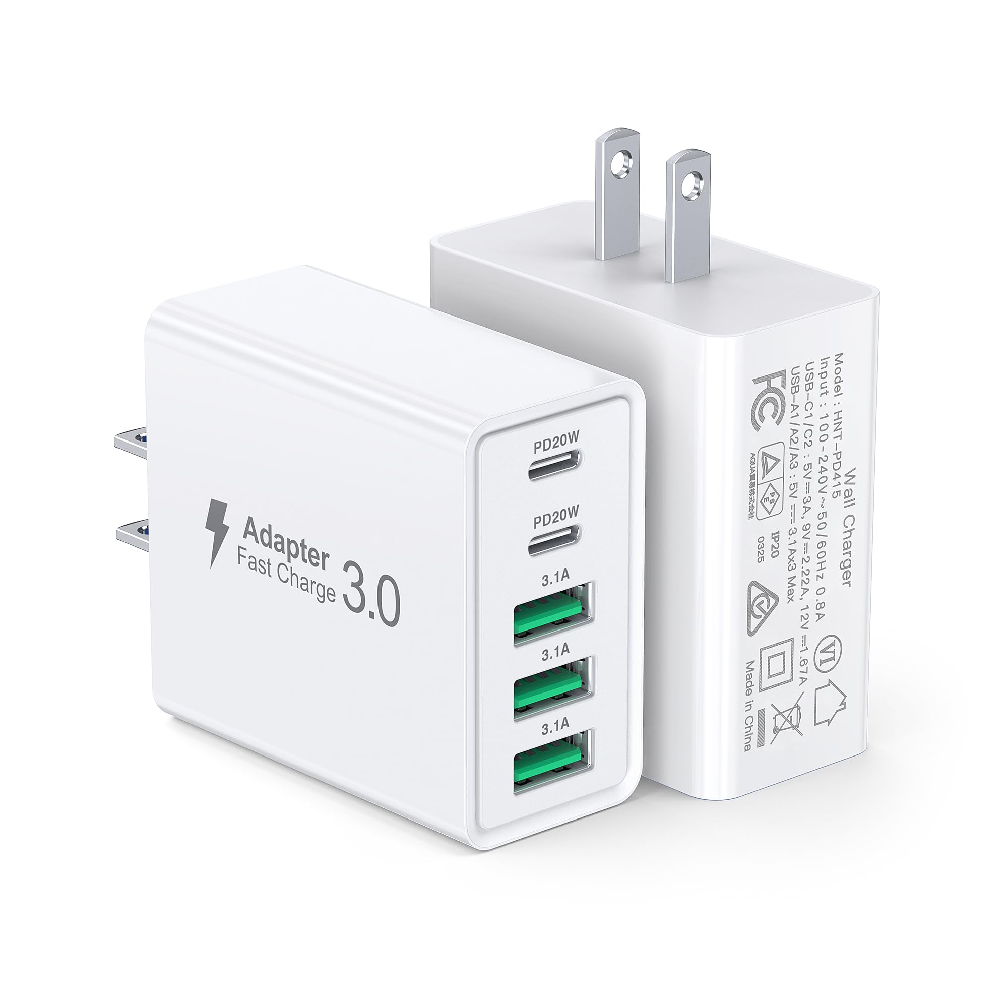 2-Pack 50W 5-Port USB C Wall Charger with PD Fast Charging - Dual USB-C & Triple USB-A Ports for iPhone 16/15/14/13/12/Pro Max/XS, iPad, Samsung Galaxy Ultra 2, Nintendo Switch - Perfect for Home, Office & Travel Charging Multiple Devices Simultaneously
