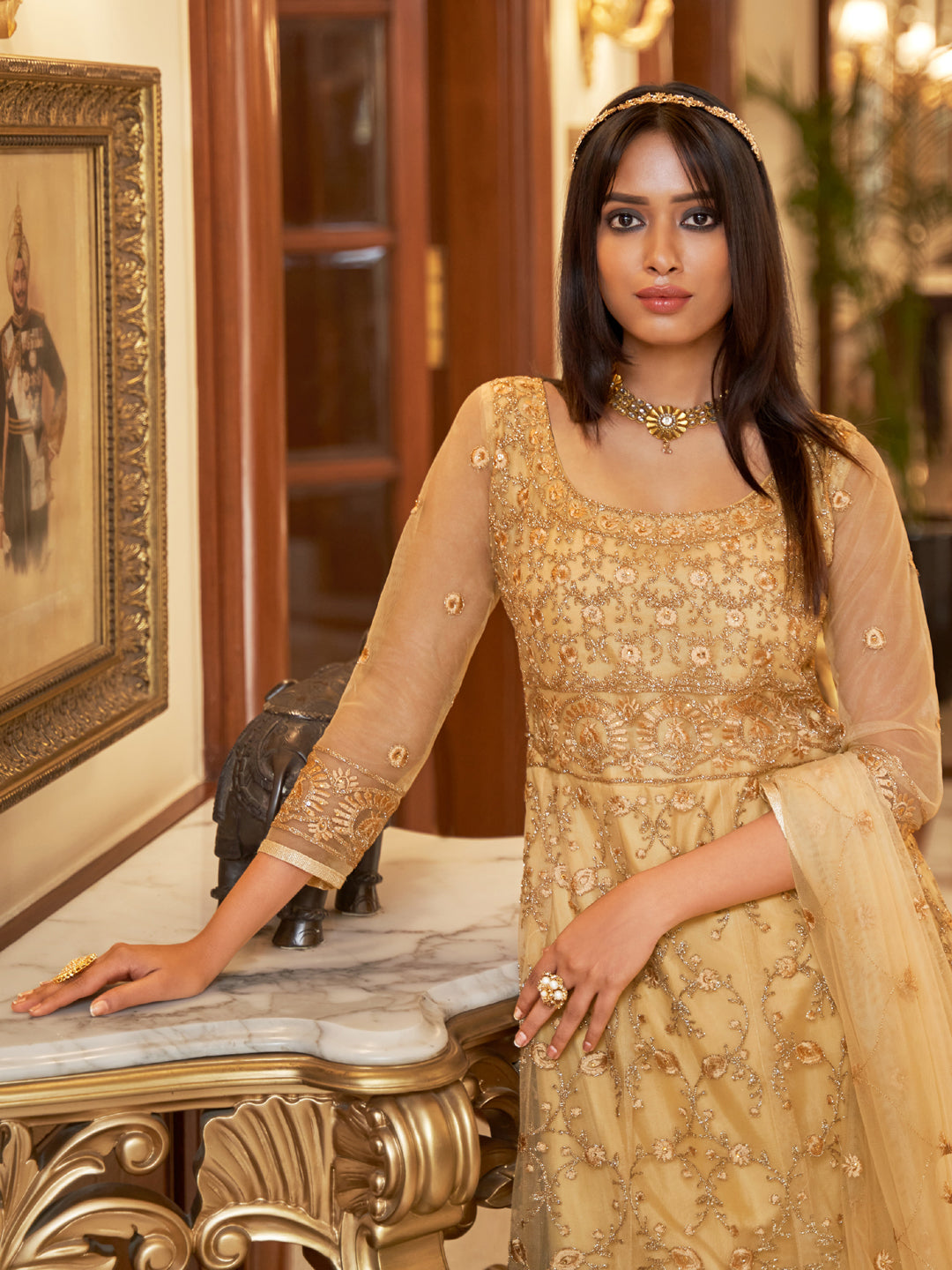Elegant Beige Traditional Heavy Semi-Stitched Net Anarkali Suit with Exquisite Embroidery Work - Perfect for Weddings, Festivals & Special Occasions