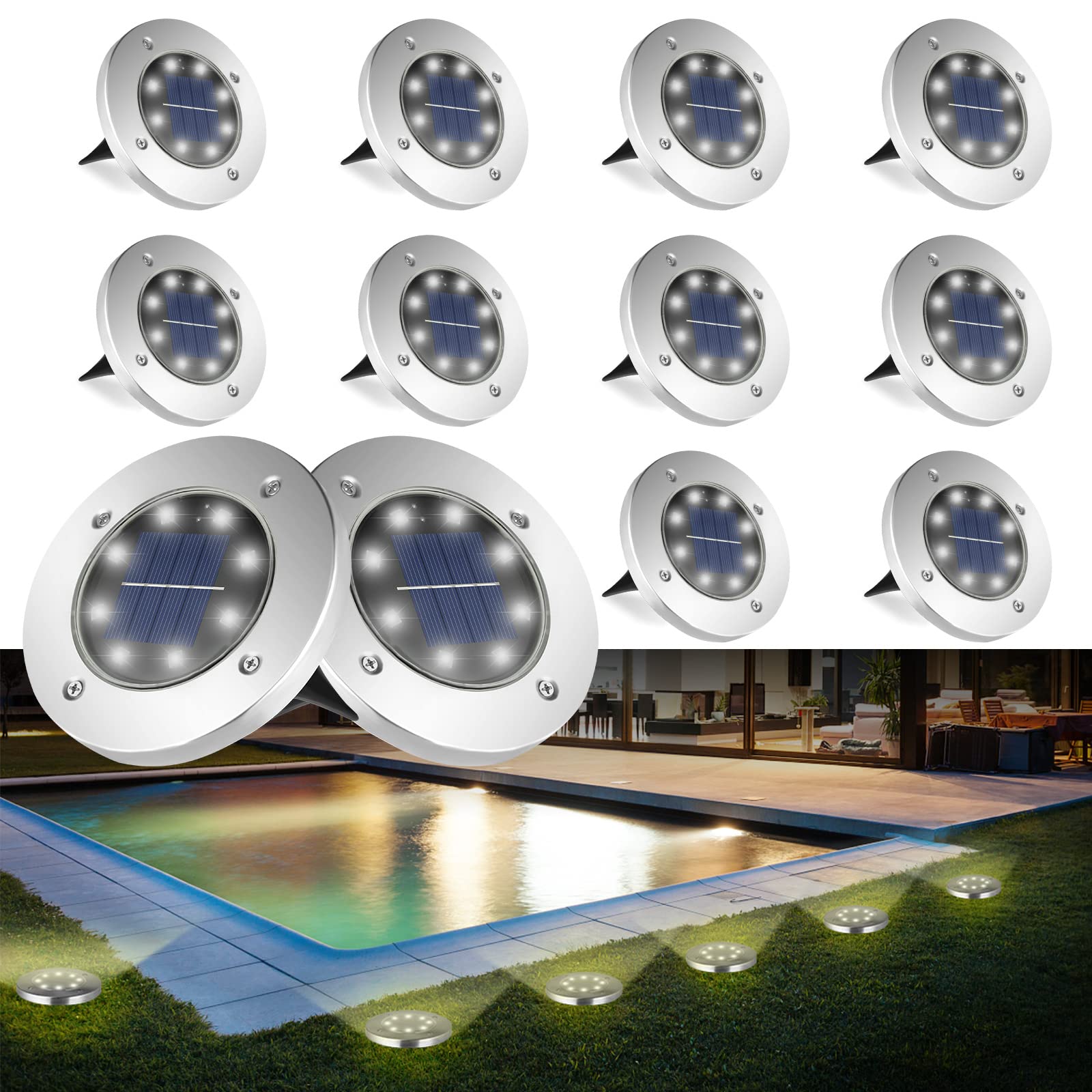 12 Pack Solar Lights Outdoor Garden - 8 LED Waterproof Disk Lights for Pathway, Driveway, Lawn & Yard | Solar Powered Ground Lights for Walkway, Patio & Landscape Decor (White) - Perfect for Nighttime Safety & Outdoor Ambience
