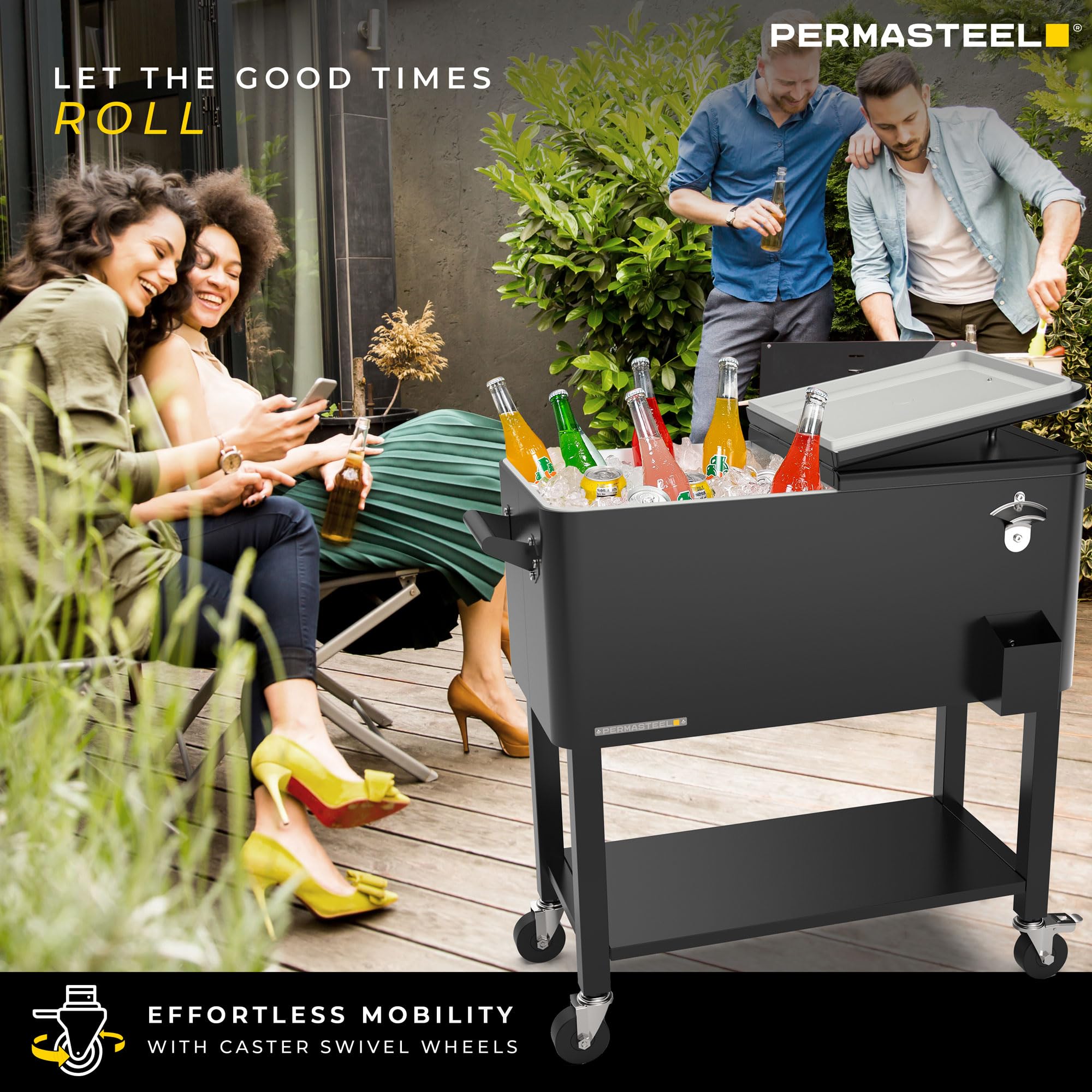 Permasteel 80-Quart Large Outdoor Cooler with Wheels & Handles - Portable Rolling Ice Chest with Detachable Basin, Stand & Bottom Storage Shelf - Perfect for Camping, Picnics, Beach Parties & Backyard BBQs - Black