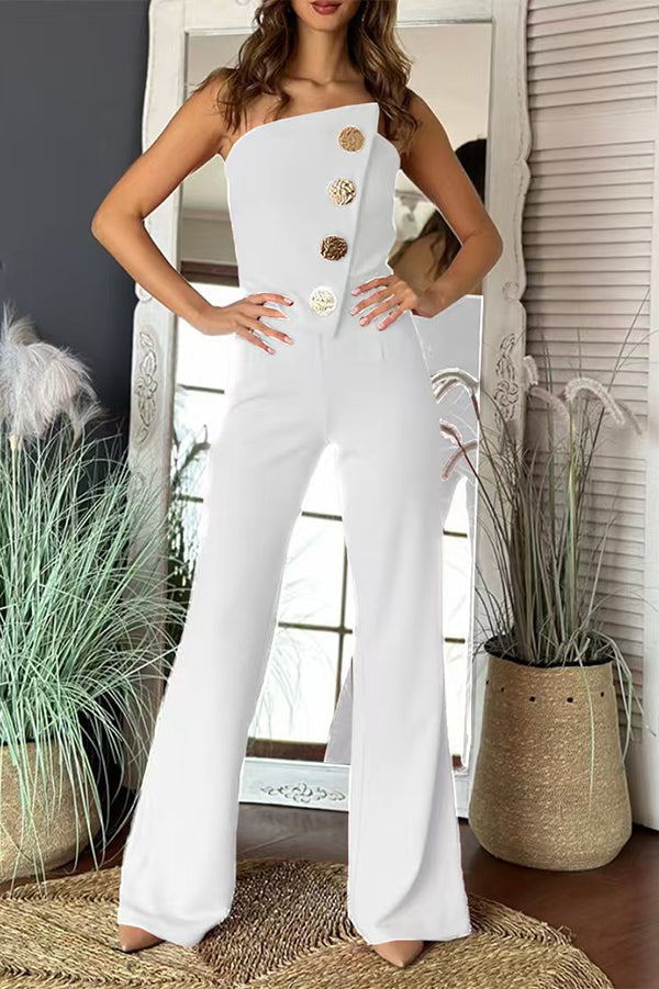 Solid Color Sexy Tube Top Gold Button Embellished Bootcut Jumpsuit for Women | Elegant One-Piece Romper with Metallic Accents | Perfect for Night Out, Party & Special Occasions