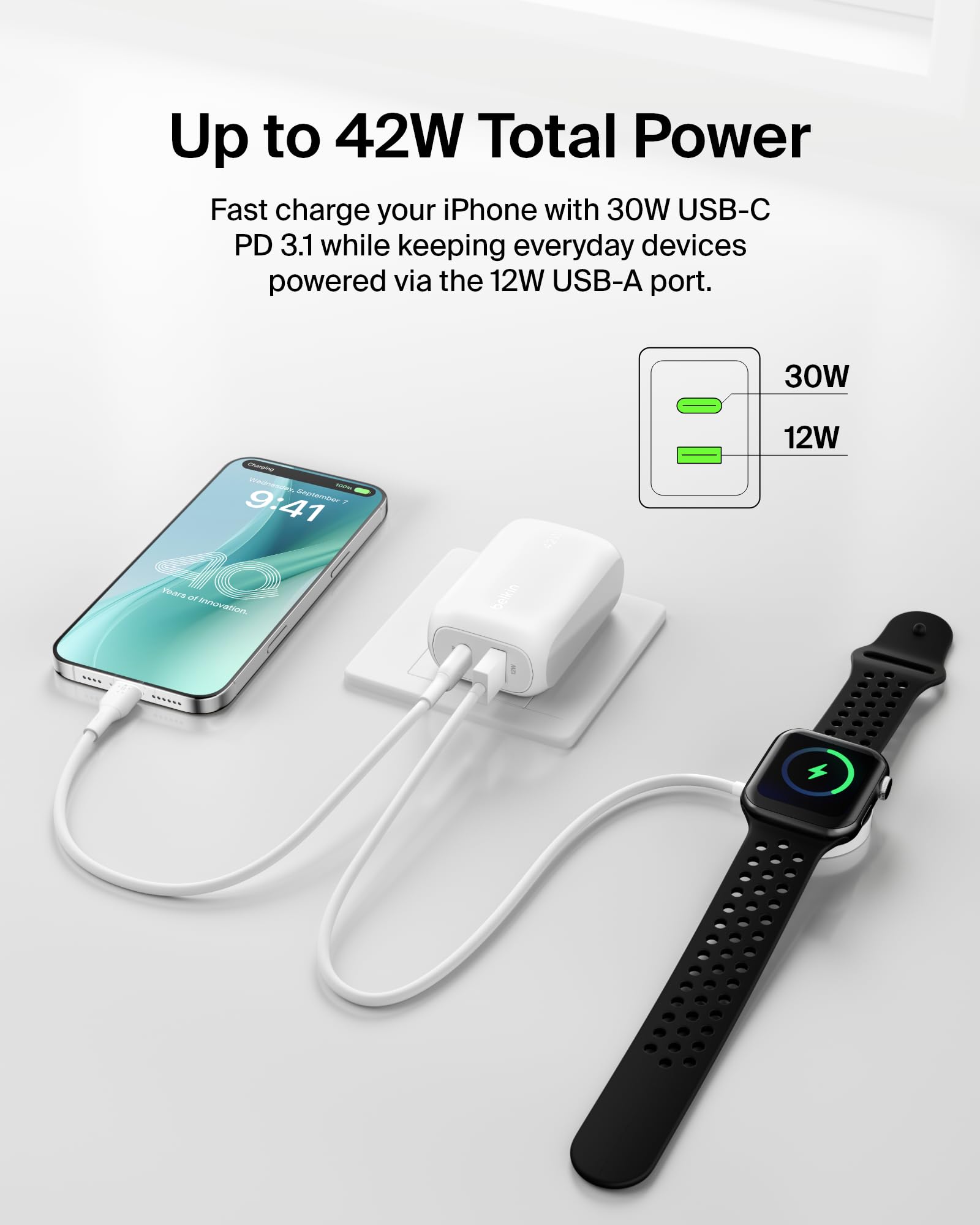 Belkin BoostCharge 42W Dual Port Wall Charger (USB-C + USB-A) - Fast Charging for iPhone 16/15/14/13 Pro/Max, iPad, AirPods, Samsung Galaxy S25, Nintendo Switch 2 & More - Compact White Charger for Home, Office & Travel