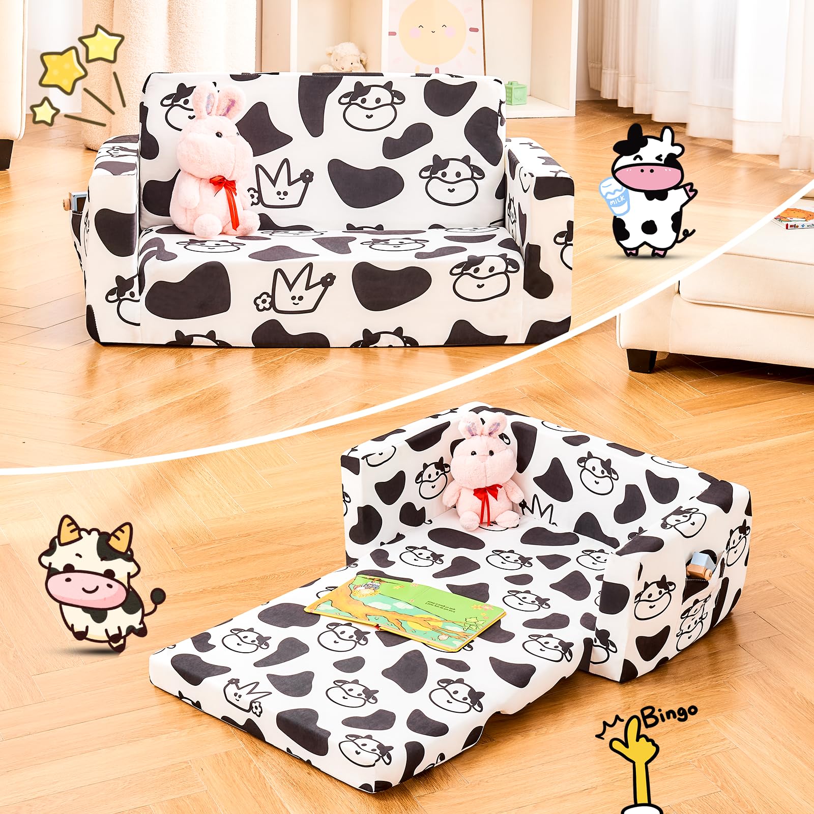 **Convertible Toddler Chair & Kids Sofa - Foldable Mini Couch for Playroom, Nursery, or Bedroom - Soft & Comfy Cow Print Design for Boys & Girls - Transforms into Toddler Bed for Naptime & Playtime**