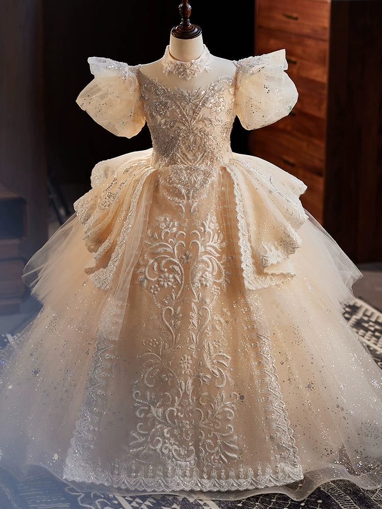 Champagne Princess Mock Neck Floor-Length Organza Flower Girl Dress for Weddings & Special Occasions - Elegant & Comfortable Formal Wear