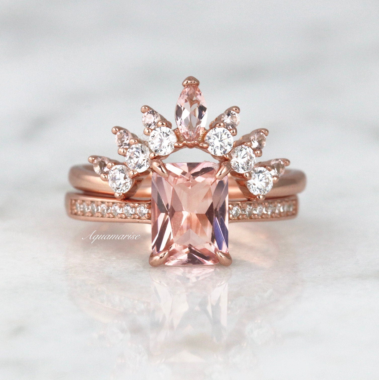 14K Rose Gold Vermeil Morganite Tiara Curved Band Ring - Elegant Stackable Jewelry for Weddings, Anniversaries & Special Occasions