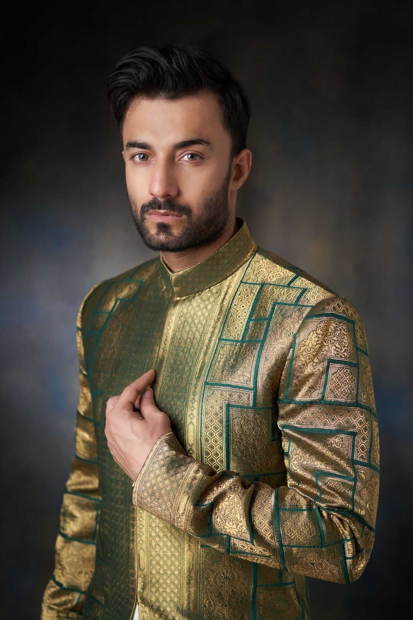 Handcrafted Emerald Green Sherwani with Velvet Shawl - Premium Silk & Zari Embroidery for Weddings, Festivals & Special Occasions