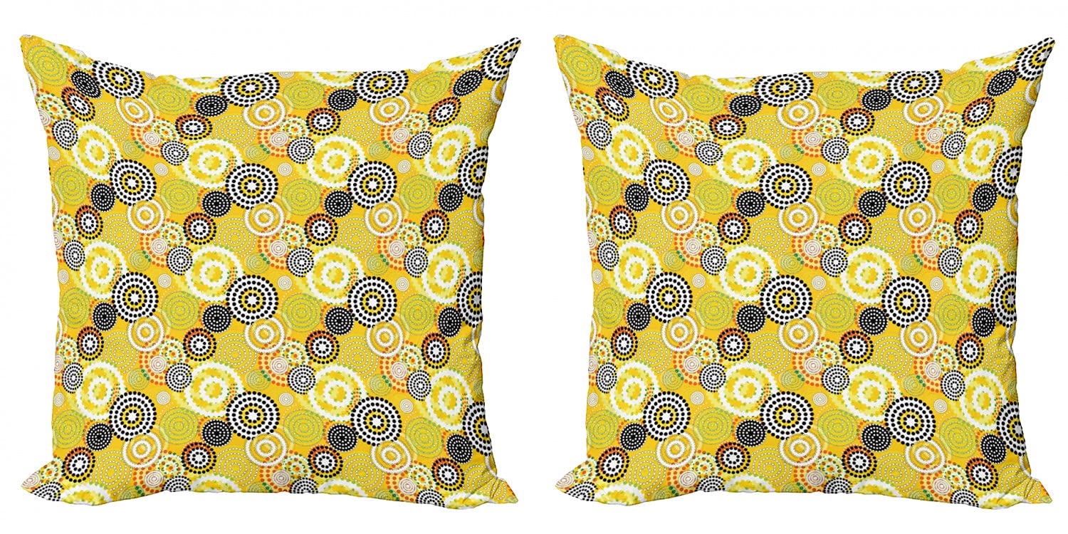Ambesonne 2-Pack Geometric Decorative Throw Pillow Covers - Retro Psychedelic Ring Dot Pattern in Mustard - 16