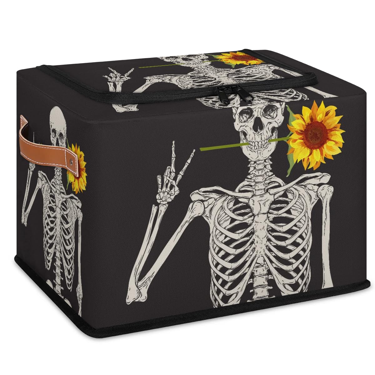 Skull Sunflower Storage Bins with Zipper Lid - 2 Pack Stackable Closet Organizer Baskets with Metal Frame & PU Handles - Perfect for Clothes, Toys, and Home Organization in Bedroom, Closet, or Nursery