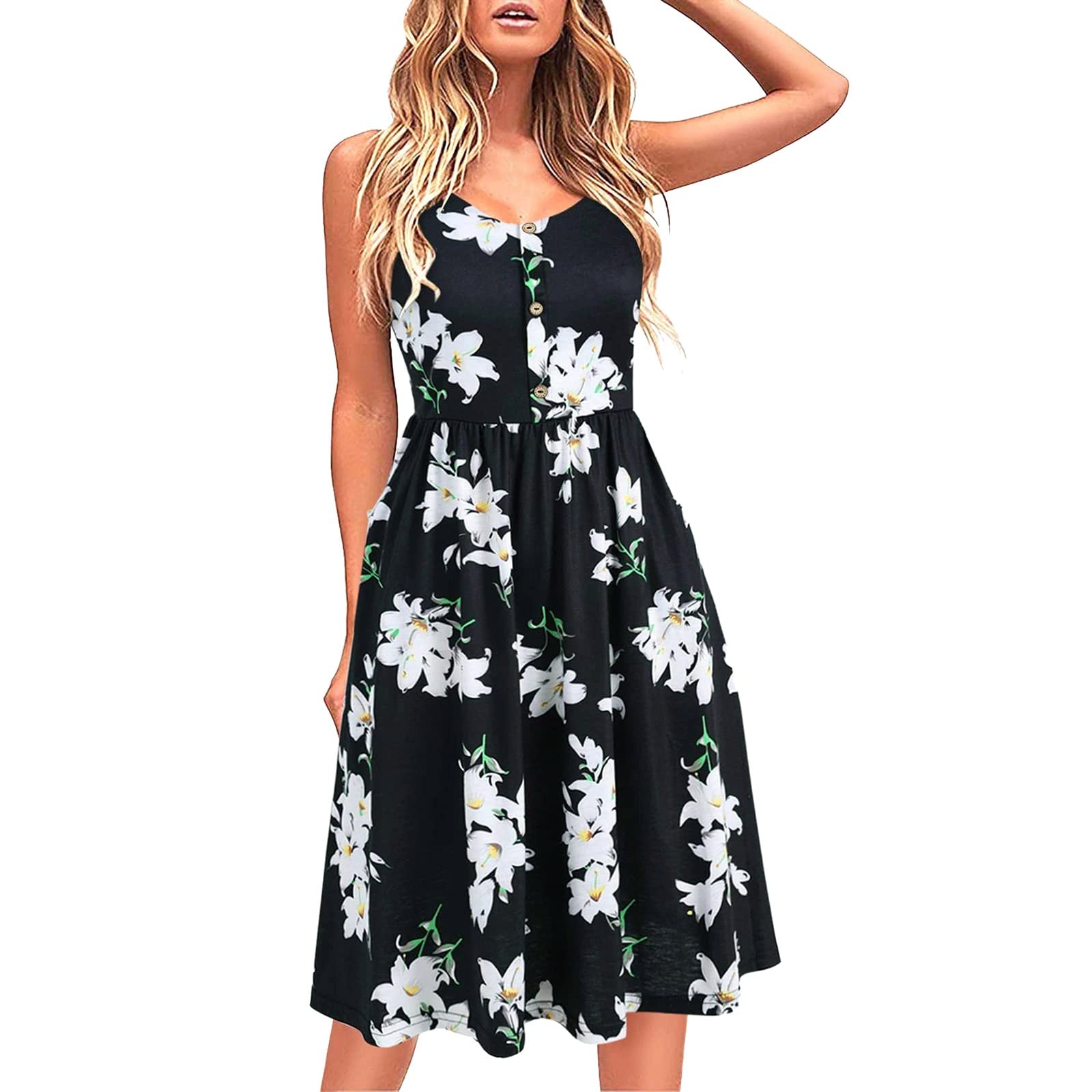 Women's Summer Casual Floral Print Button V-Neck Sleeveless Loose Dress - Beach Cover Up, Vacation Outfit, Brunch Wear, Weekend Dress for Women