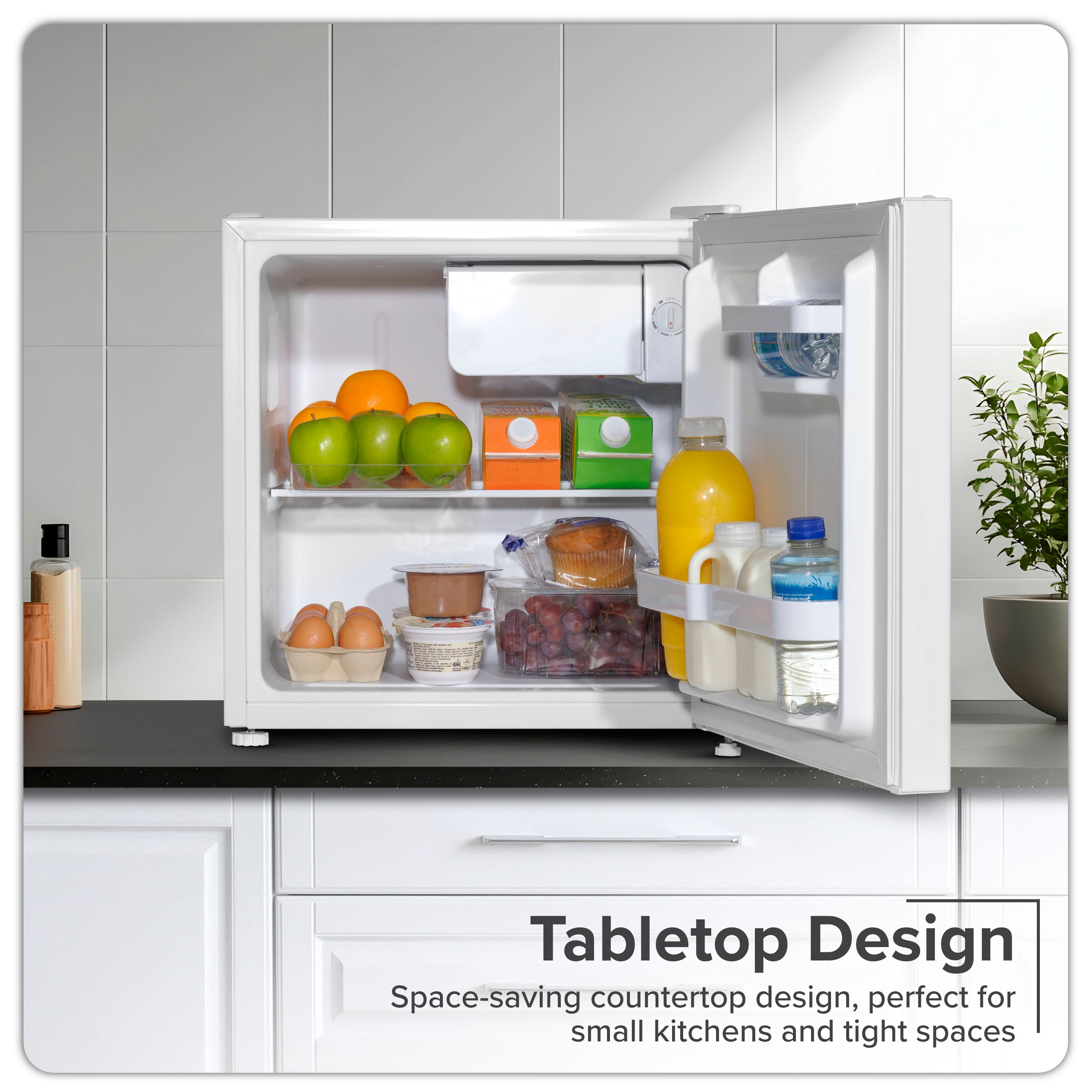 Baridi 46L Mini Fridge with Ice Box - Adjustable Thermostat, Compact Tabletop Refrigerator for Home, Office, Dorm - Perfect for Beverages, Snacks & Skincare Storage