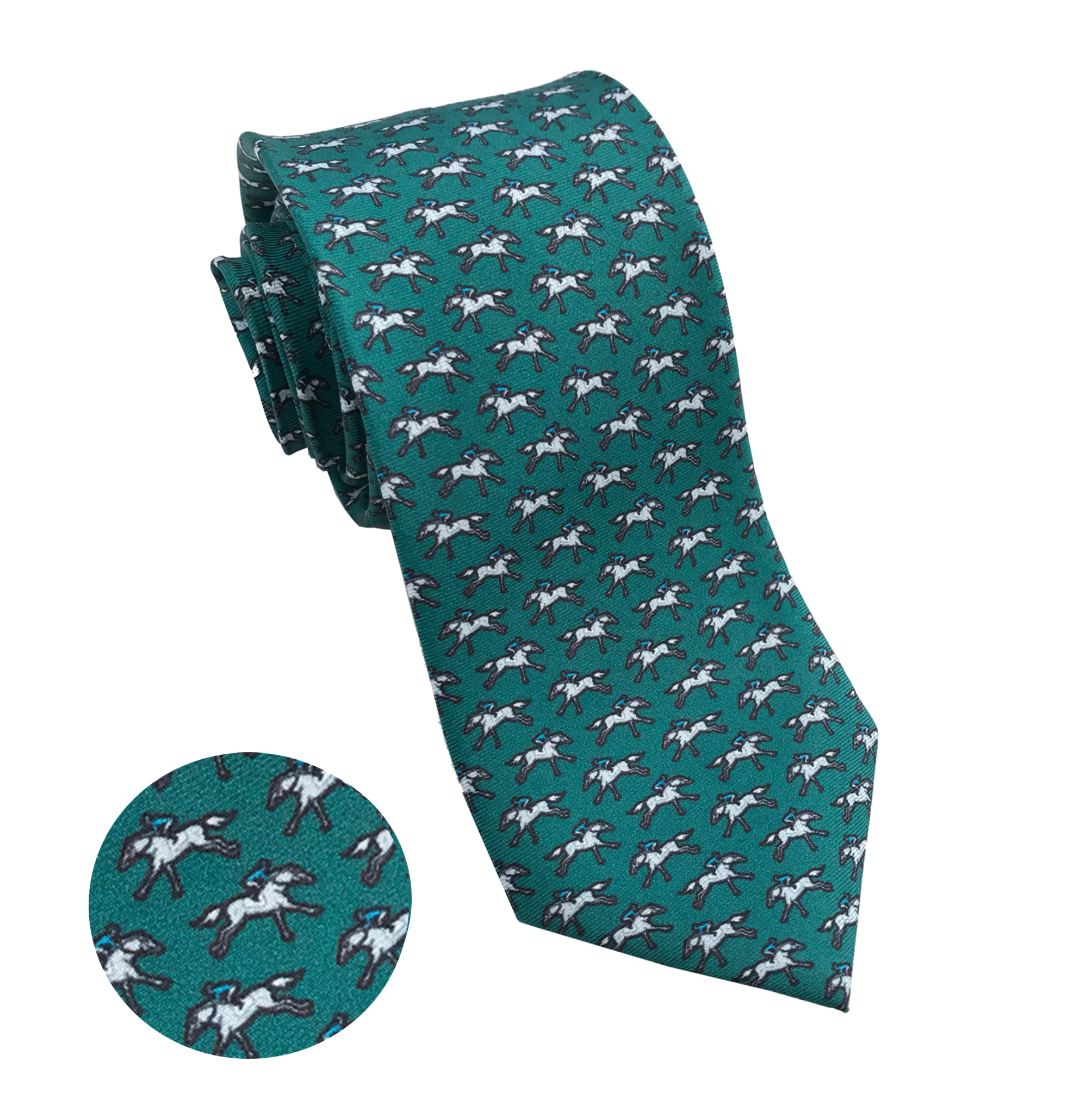 Premium 100% Silk Tie for Men - Elegant White & Blue Horse & Rider Design on Green Background - Perfect for Business, Weddings & Formal Events