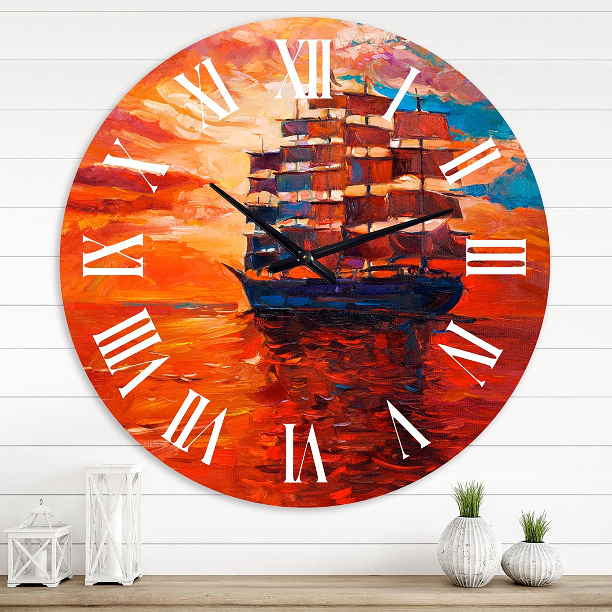 DesignQ Nautical Coastal Wall Clock - 'Frigate at Sunset on Ocean Horizon' Red Round Clock for Bedroom, Living Room & Office Decor | Perfect for Beach House, Coastal Theme & Home Styling