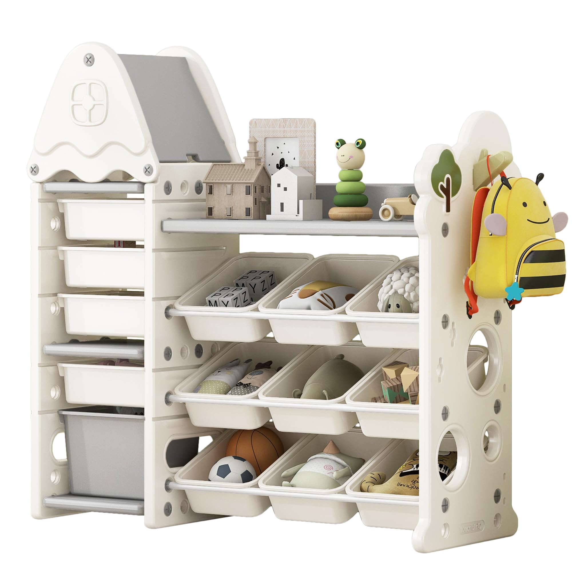 Merax 14-Bin Kids Toy Storage Organizer with Tree Roof - White Toy Box for Boys & Girls Bedroom, Playroom, Living Room | Perfect for Organizing Toys, Books & Games in Children's Rooms & Play Areas