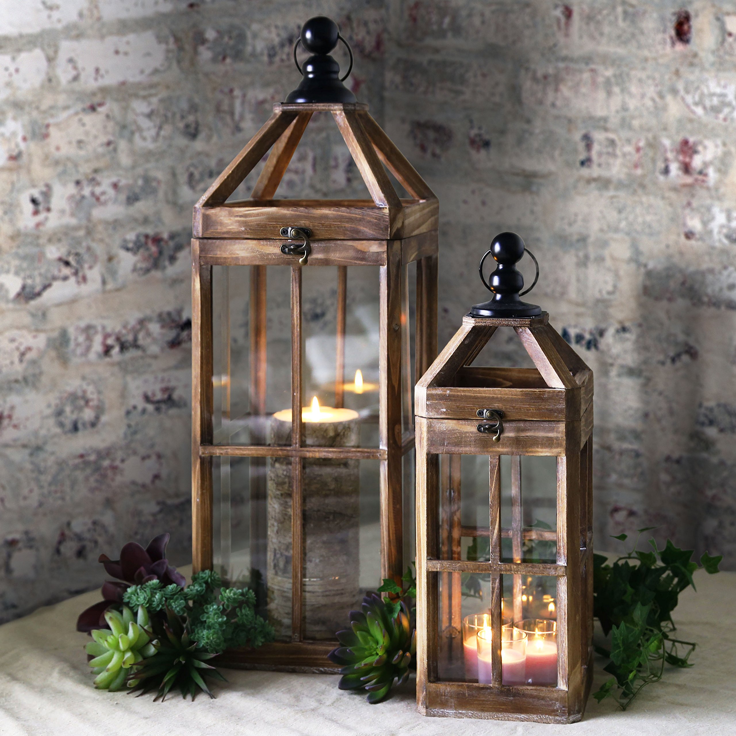 54200 Natural Brown Wood Square Lantern Set of 2 - Metal Round Finial Top, Ring Handle & Window Pane Design - Perfect for Patio, Garden & Home Decor