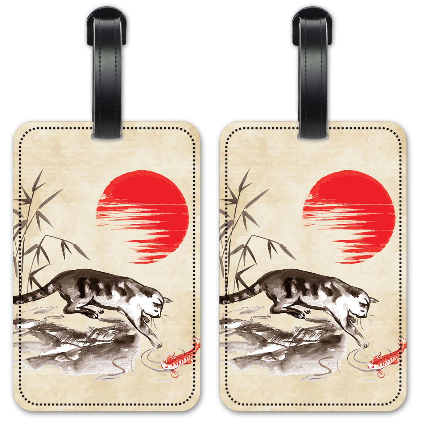 Cat & Koi Fish Design Luggage ID Tags - Personalized Suitcase Identification Cards Set of 2 - Perfect for Travel, Business Trips & Vacation