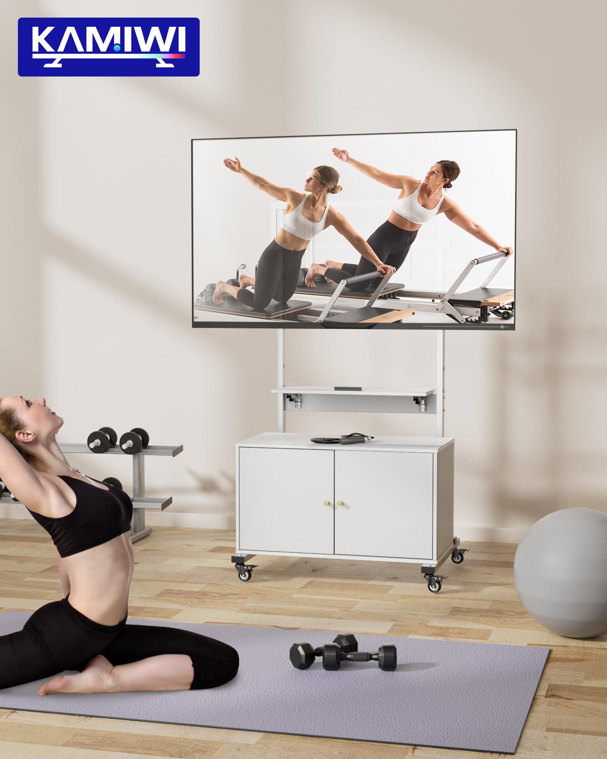 Adjustable Rolling TV Stand with Storage for 32-75 Inch Screens - Mobile Entertainment Center with Foldable Table & Height Adjustment - Perfect for Living Room, Bedroom, and Outdoor Use