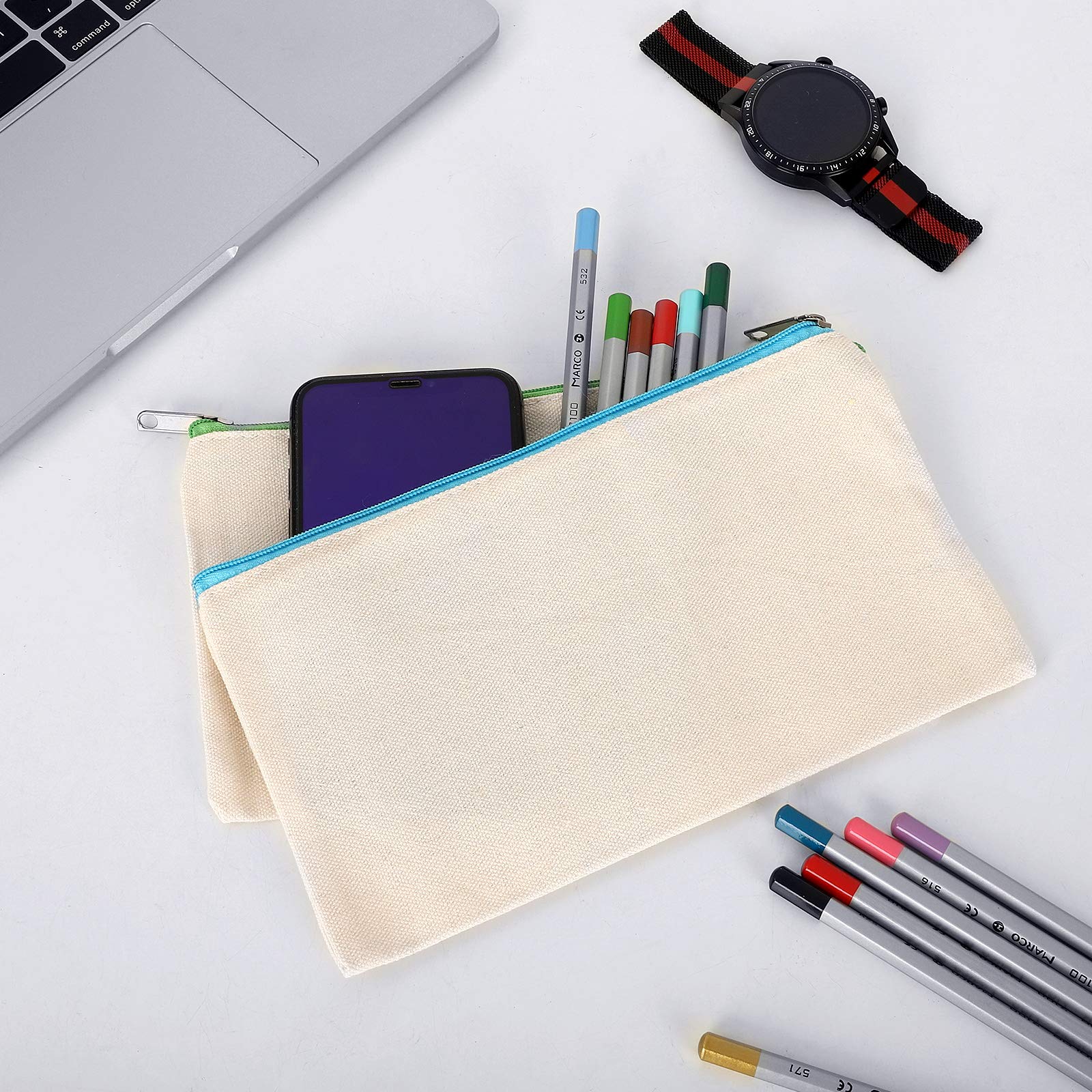 12-Piece Cotton Canvas Makeup Bags Set - Waterproof Travel Cosmetic Organizer with Zipper, DIY Blank Pouch for Toiletries, Pencils & Crafts (Large) - Perfect for Travel, School & Gift Giving