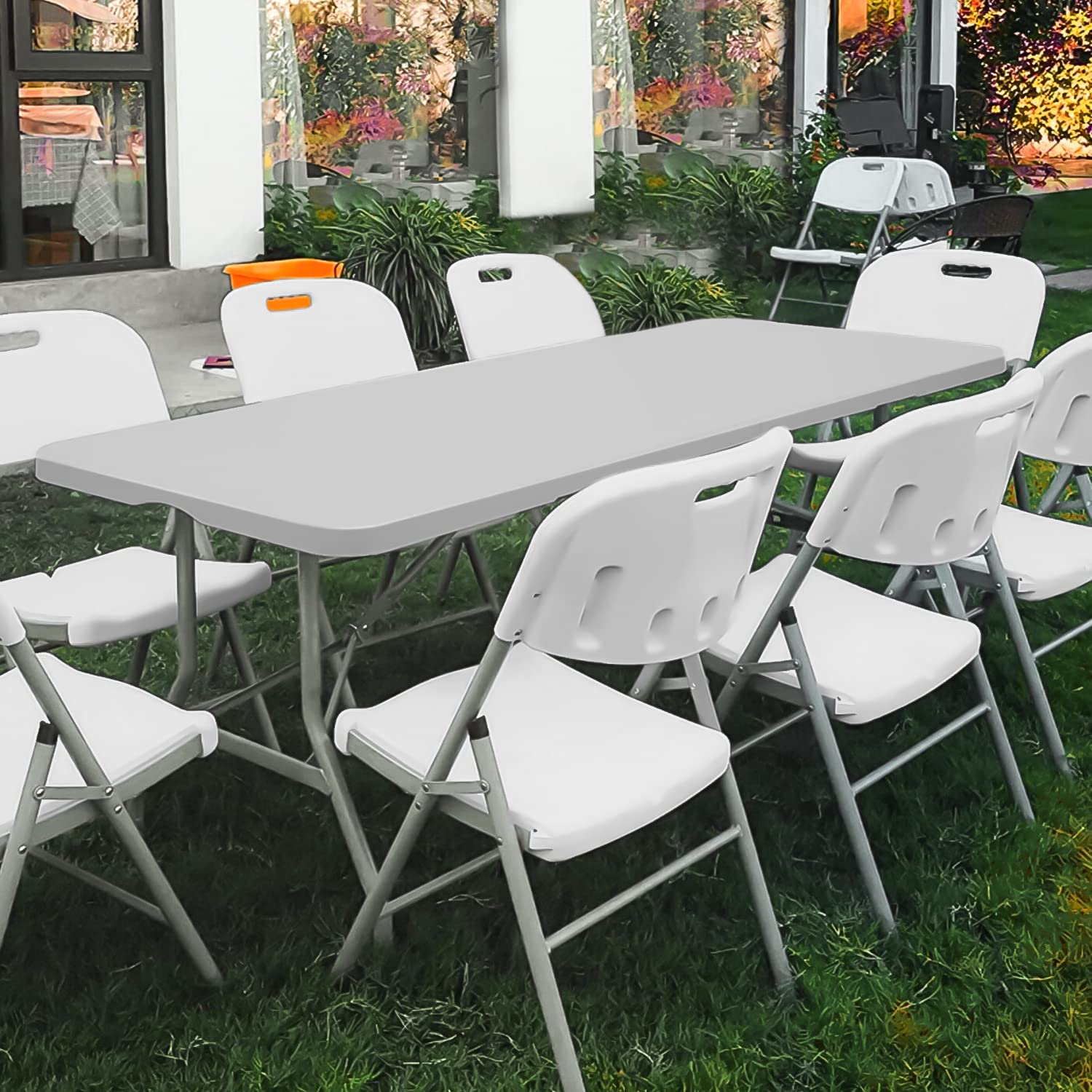 MoNiBloom 8Ft Folding Heavy Duty Utility Table - Indoor Outdoor Portable Plastic Table with Steel Legs & Handle for Wedding, Event, Picnic, Camping, BBQ - Gray
