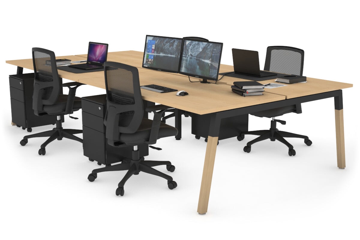 Quadro A Legs 4-Person Office Workstation with Wood Legs & Cross Beam - 1400L x 800W Dimensions, Cable Management Scallop | Perfect for Collaborative Workspaces & Modern Offices