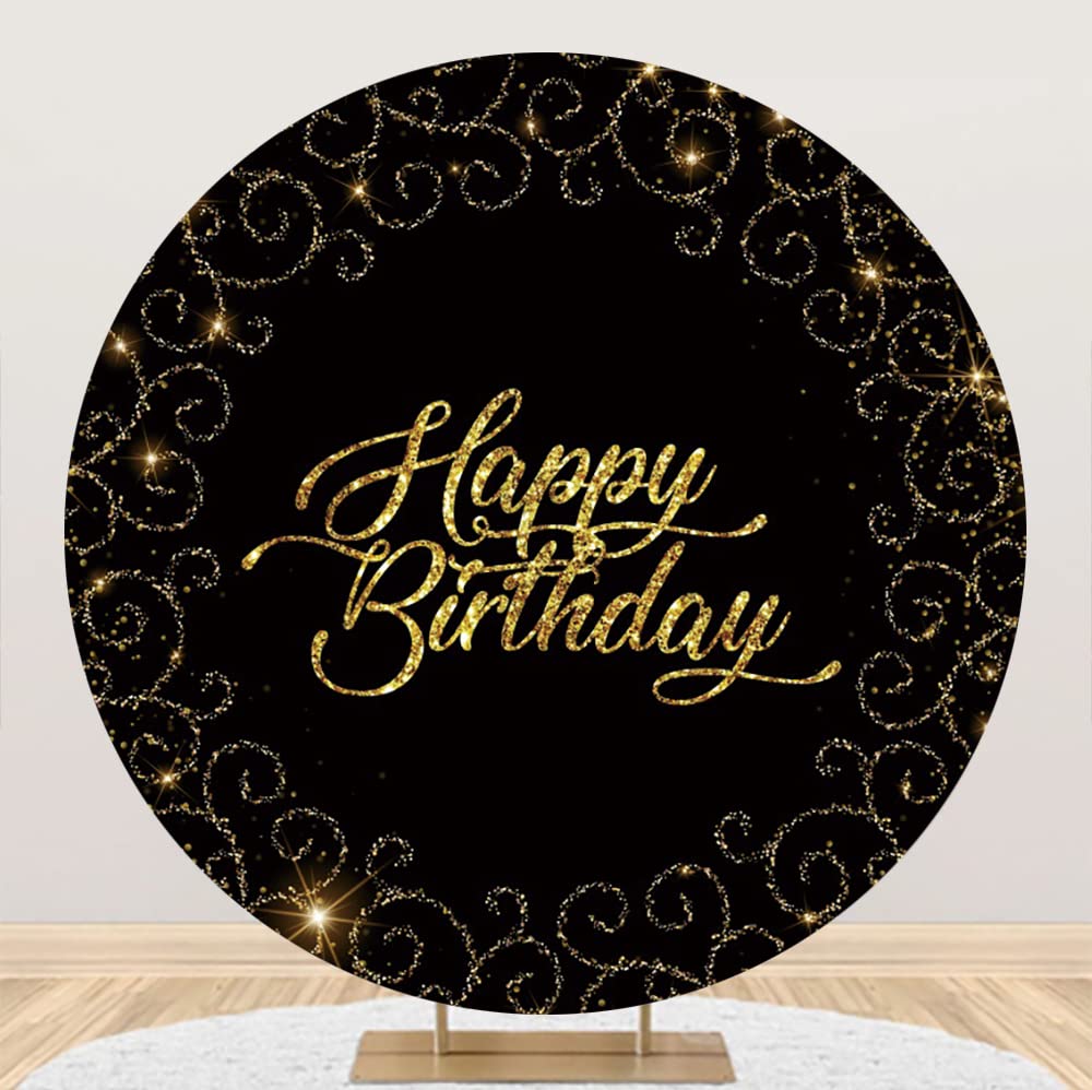 Yeele 6.5x6.5ft Happy Birthday Round Photography Backdrop - Black Gold Glitter Bokeh Sequin Spots Background for Birthday Party Decor, Cake Table Banner & Photo Studio Props | Perfect for Birthday Celebrations, Baby Showers & Special Events