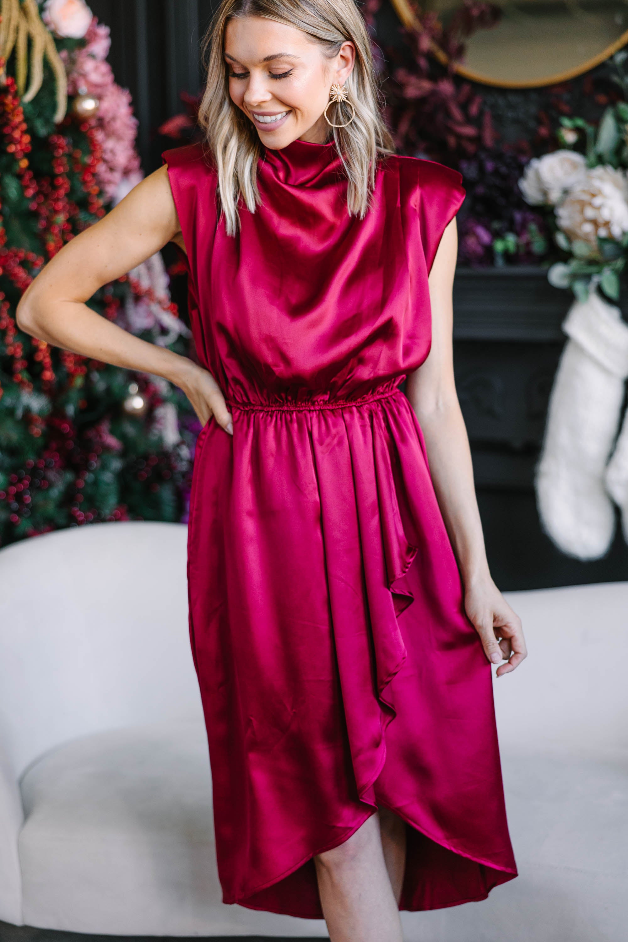Elegant Ruby Red Satin Midi Dress for Women - Perfect for Cocktail Parties, Date Nights & Special Occasions