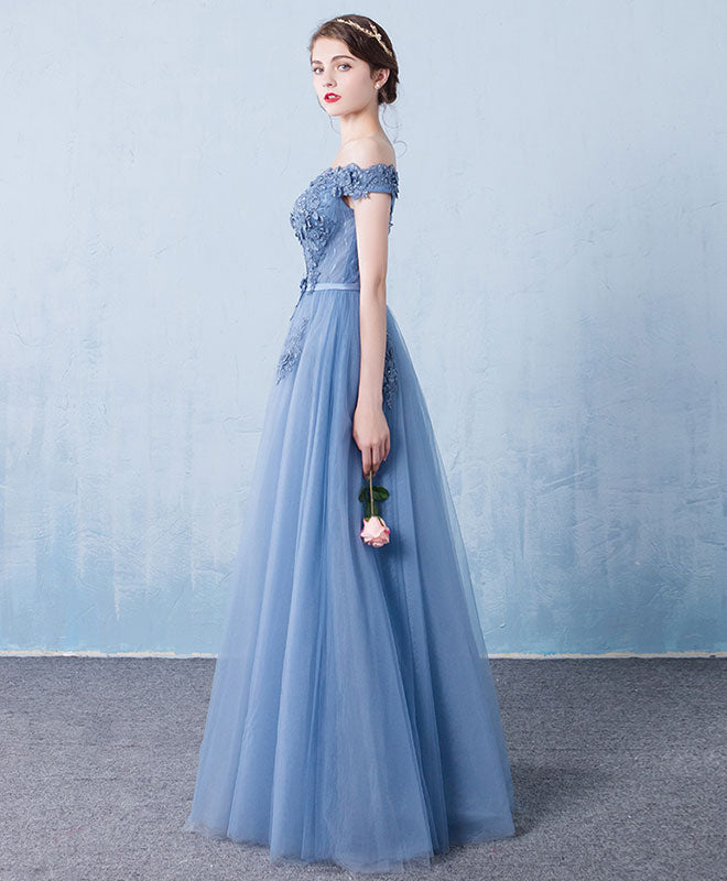 Elegant Blue Tulle Lace Off Shoulder Long Prom Dress with Beading - Perfect for Bridesmaid, Evening Gala & Formal Events