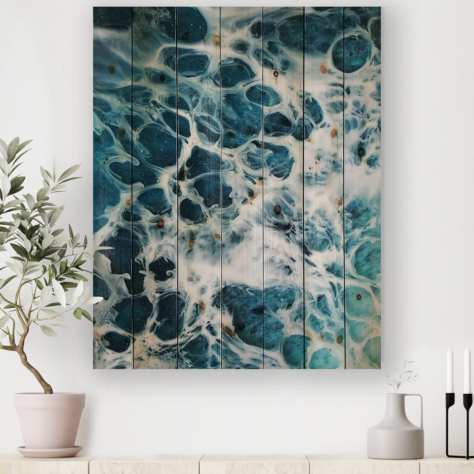 DesignQ Waves Epoxy Resin Art IV - Modern Abstract Print on Natural Pine Wood Wall Decor for Living Room, Bedroom & Office
