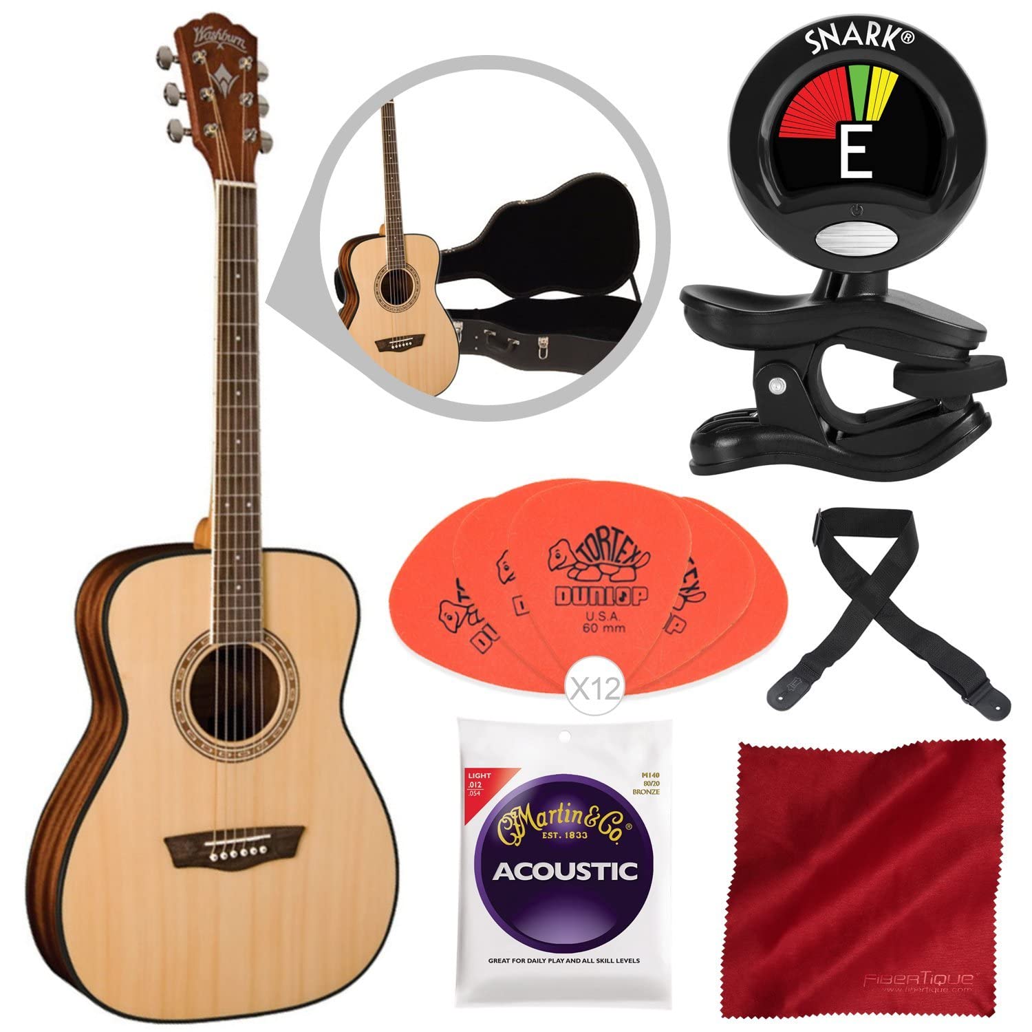 Washburn Apprentice 5 Series AF5K Folk Acoustic Guitar Bundle with Strings, Tuner & Accessories - Perfect for Beginners, Campfires & Home Practice