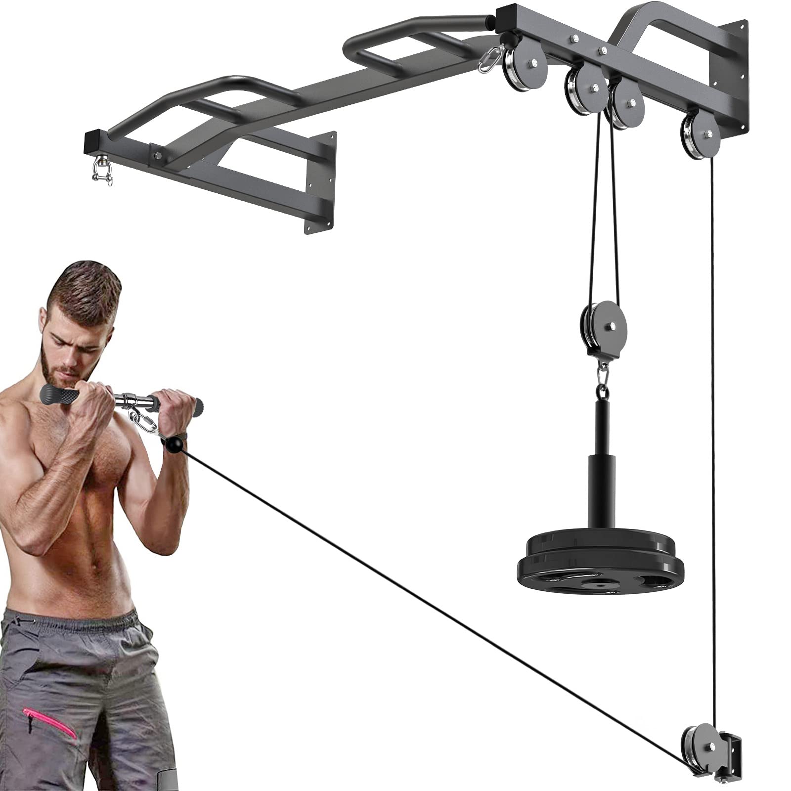 Kipika 48-Inch Wall Mounted Multi-Function Gym Cable Pulley System with Pull Up Bar & LAT Pulldown Attachments - DIY Home Gym Equipment for Strength Training, Punching Bag Hanger - Perfect for Home Workouts, Garage Gyms & Functional Fitness Training