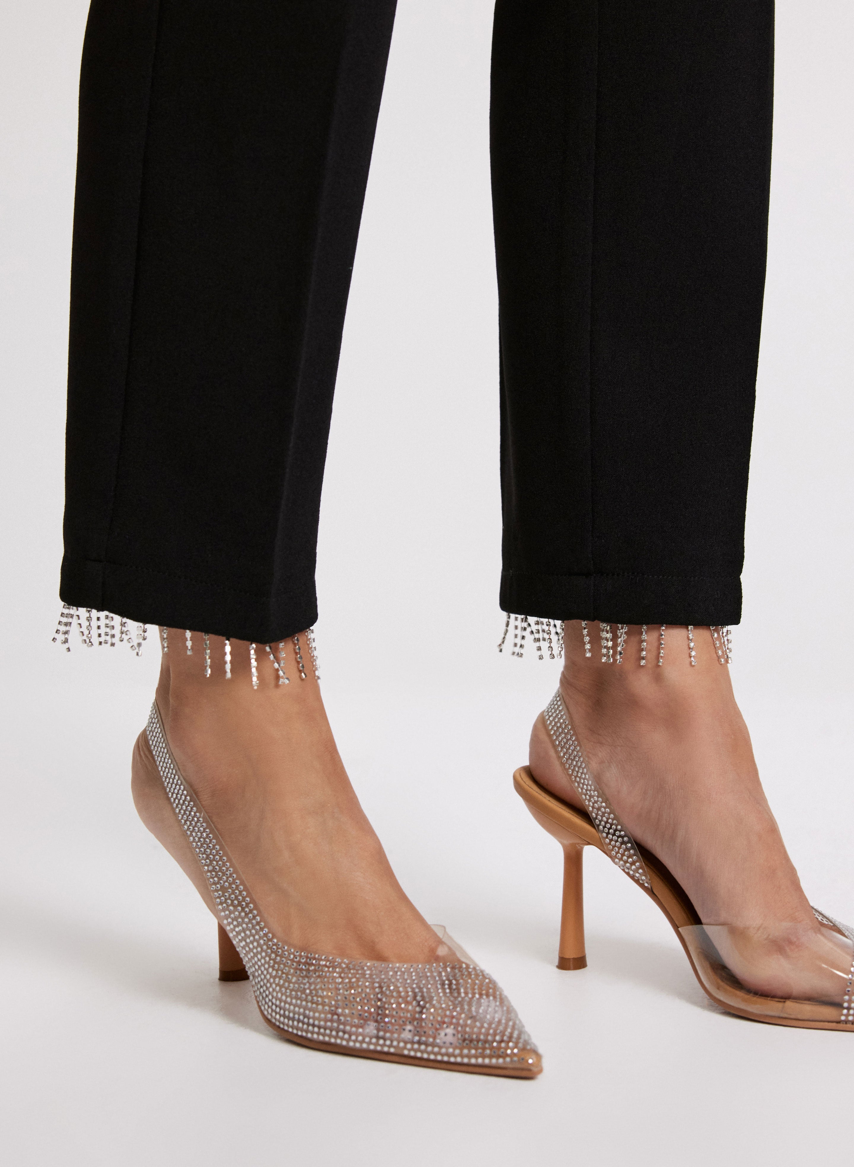 Emma Crystal Fringe Slim Leg Pants for Women - Elegant High Waist Trousers with Rhinestone Details | Perfect for Party, Night Out & Special Occasions