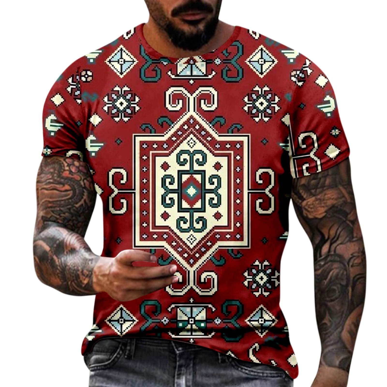 BEUU Men's 3D Ethnic Boho Print Short Sleeve T-Shirt - Summer Crewneck Casual Tee for Workout, Athletic & Muscle Fit - Perfect for Gym, Streetwear & Boho Fashion