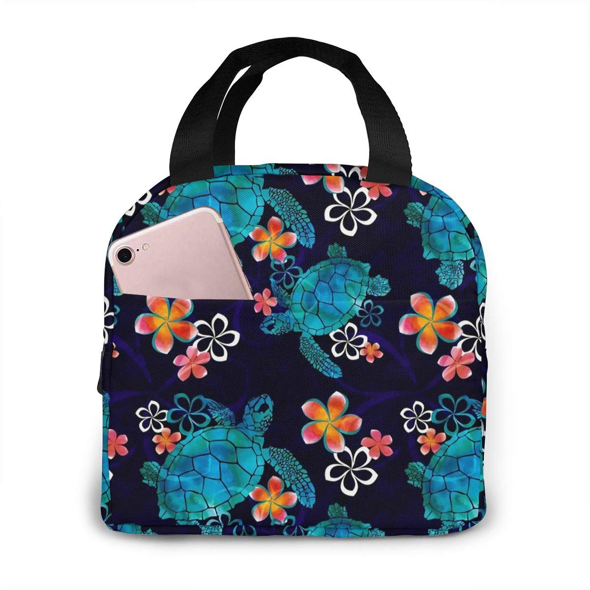 Insulated Sea Turtle Floral Lunch Bag for Women, Girls & Kids - Thermal Cooler Tote for Picnic, Bento, Meal Prep - Large Leakproof Soft Lunch Box Bag for Camping, Travel, Fishing & Outdoor Activities
