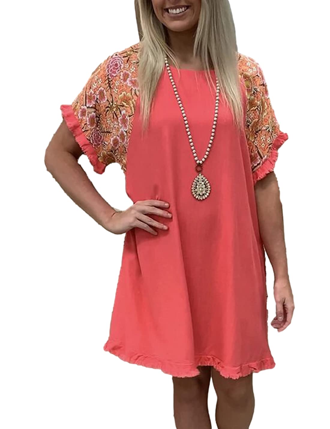 Omoone Women's Floral Patchwork Midi Dress - Round Neck Short Sleeve Cotton Linen Summer Dress for Casual Outings, Beach Vacations & Date Nights