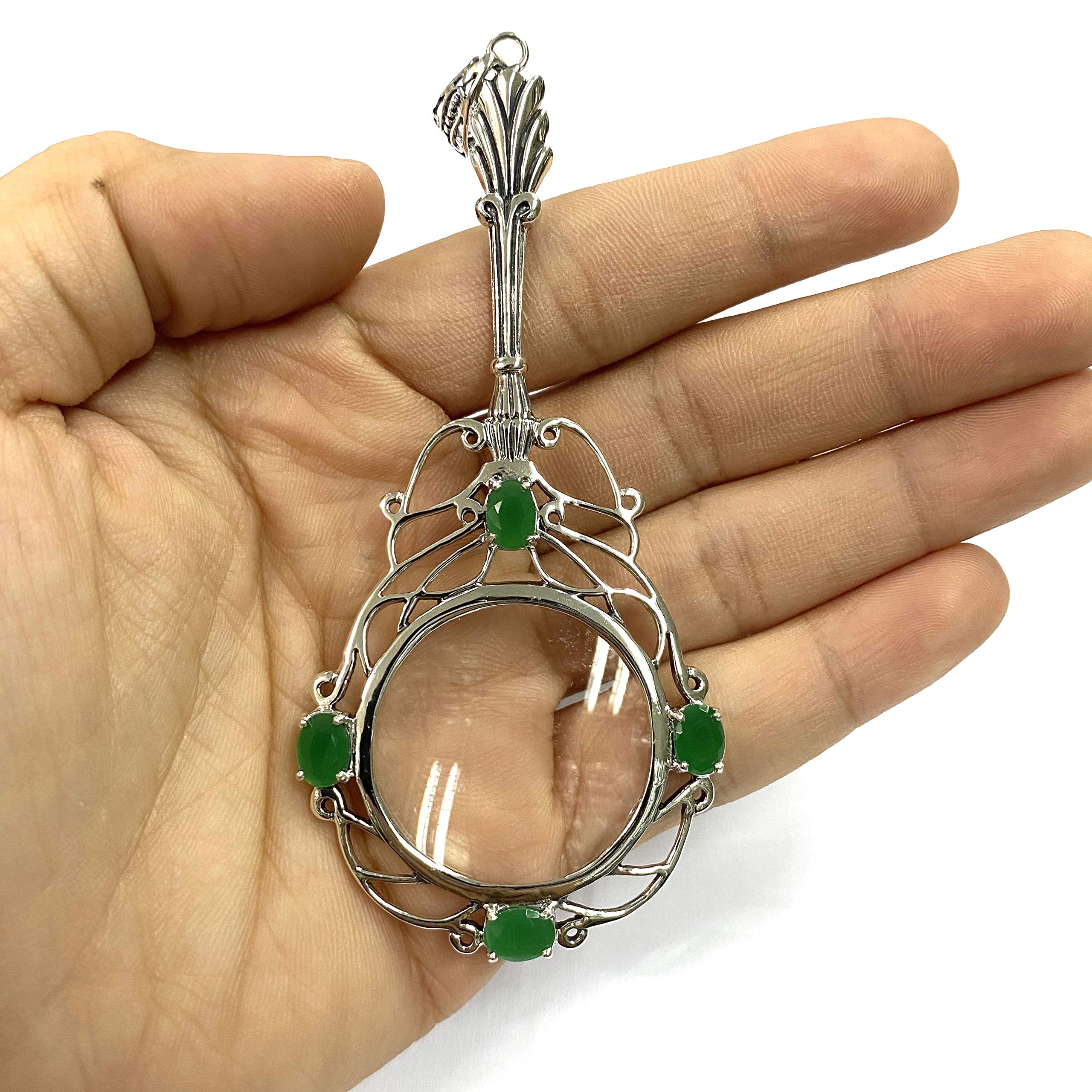 Victorian Style Emerald Green Magnifying Glass Pendant - 925 Sterling Silver Jewelry for Reading, Hobbies & Antique Collecting